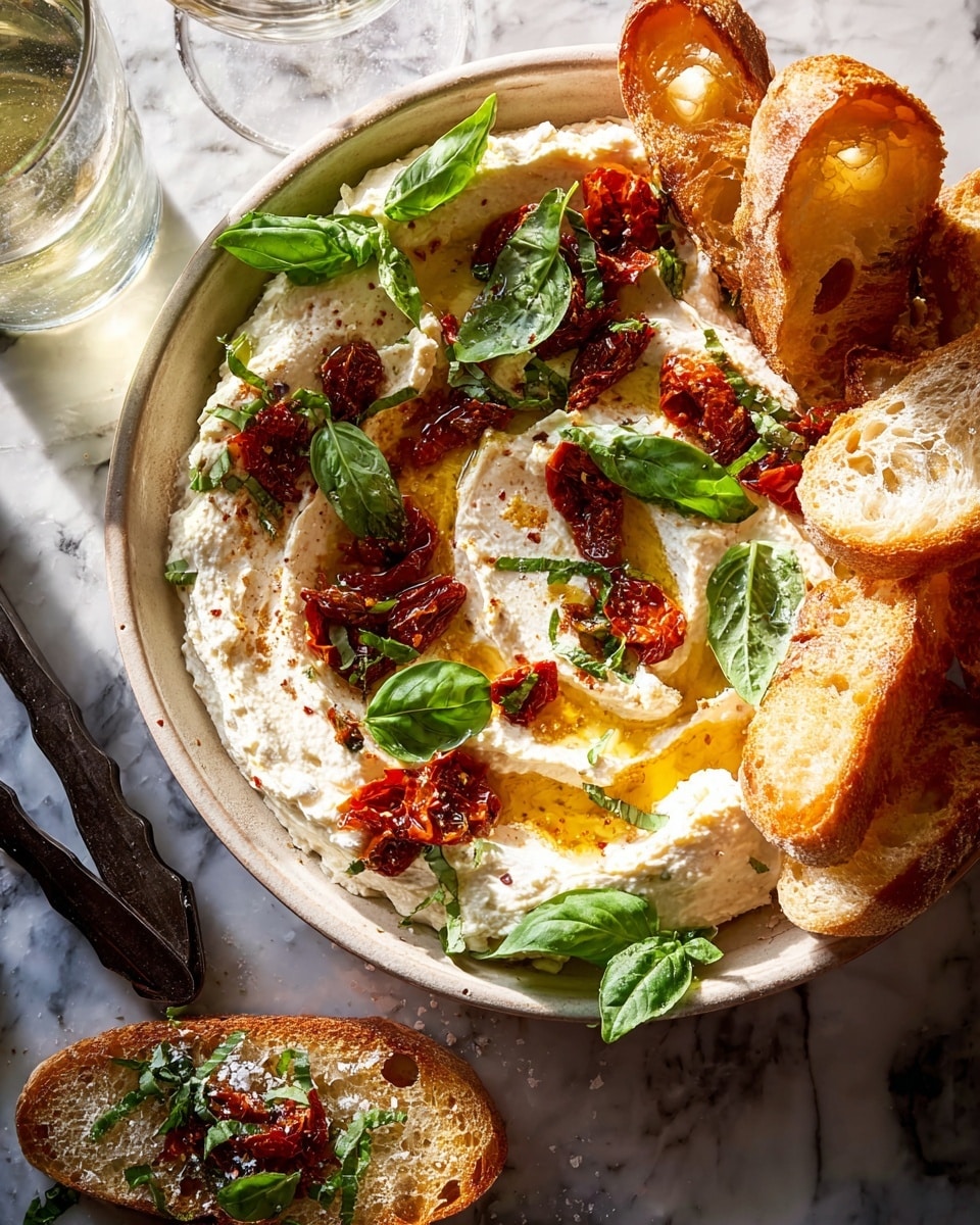 A white round dish filled with a thick layer of creamy white spread, swirled to create shallow pools of golden oil and small dollops of red sun-dried tomatoes scattered on top; fresh bright green basil leaves are placed generously over the spread and around the edges. On the right side of the dish, several slices of toasted bread with a golden-brown crust and airy texture lean against the spread. A piece of toasted bread garnished with basil and coarse salt sits in the foreground on a white marbled surface, near a pair of dark-colored tongs and a partially visible clear glass bottle. photo taken with an iphone --ar 4:5 --v 7