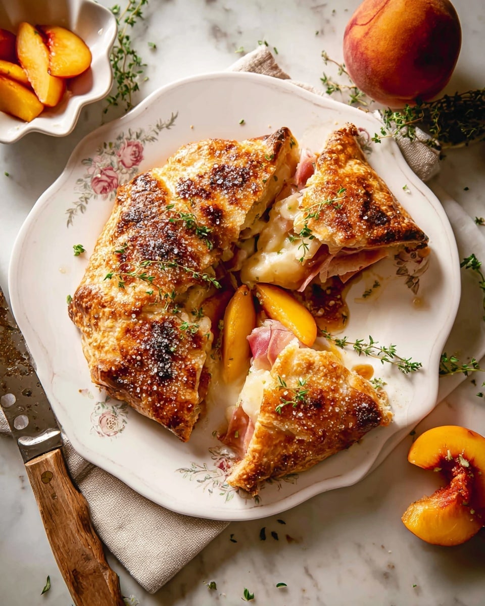 A golden-brown, flaky pastry is cut open on a white plate with a delicate floral design, revealing melted creamy cheese, thin slices of pink ham, and soft yellow-orange peach slices inside, all topped with small green herb sprigs. The crust is sprinkled with coarse sugar, showing a crunchy, textured surface with some darker toasted spots. Around the pastry, extra peach slices and herb sprigs rest on the plate, accompanied by a small white scalloped bowl filled with peach slices and syrup to the side. A knife with a wooden handle lies near the bowl, all placed on a white marbled surface. Photo taken with an iphone --ar 4:5 --v 7
