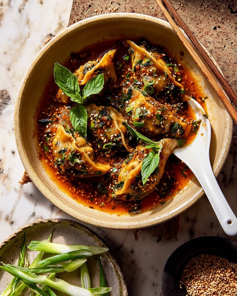A deep beige round bowl holds four dumplings covered in a thick, dark orange sauce mixed with chopped green herbs and sesame seeds, with two fresh green basil sprigs on top adding brightness. The dumplings have a soft, folded texture and sit partially submerged in the glossy sauce. A white spoon rests inside the bowl on the right side, and a pair of wooden chopsticks leans against the bowl’s rim. Below, a white plate with sliced green onions is partially visible on a white marbled surface, and to the bottom right, some scattered sesame seeds and a small dark bowl filled with more seeds add texture. photo taken with an iphone --ar 4:5 --v 7