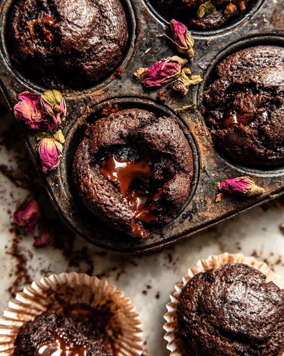 The image shows a close-up of soft, dark chocolate lava muffins in a vintage muffin tin and one muffin in a light-colored paper liner on a white marbled surface. Each muffin has a rough, cracked top with shiny, melted chocolate oozing out. One muffin is broken open to reveal its gooey chocolate center. There are dried flower petals scattered around for decoration. The muffin tin is rustic and dark with visible wear marks. The overall scene is warm and cozy with rich textures and deep brown tones. photo taken with an iphone --ar 4:5 --v 7