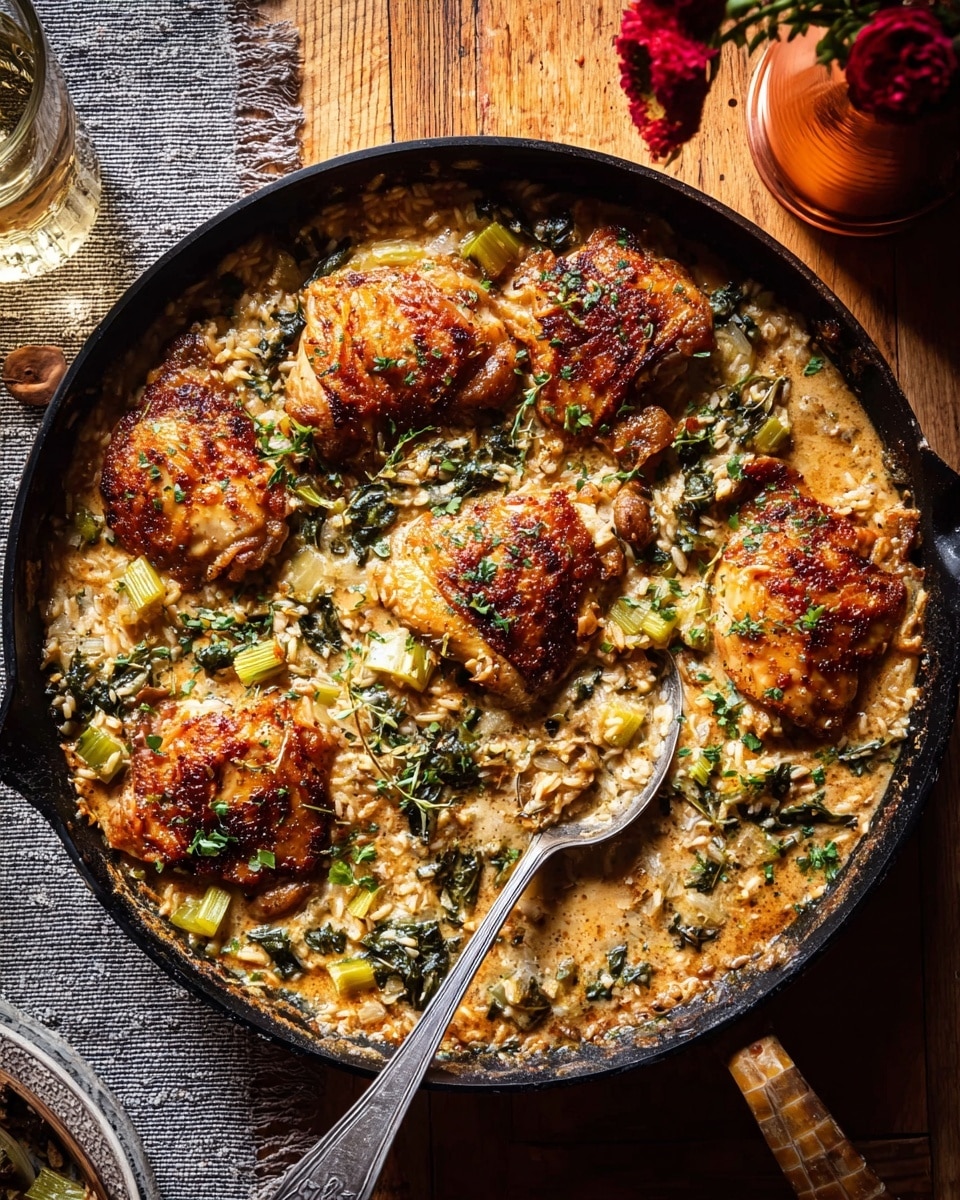 A black skillet filled with a creamy dish showing four golden-brown chicken thighs on the top layer, with visible green leafy vegetables and chunks of celery scattered throughout. The creamy sauce has a light brown color with some melted cheese and browned bits, mixed with cooked rice grains spread evenly under and around the chicken. A metal spoon is resting on the right side of the skillet, partially inside the dish. The skillet sits on a wooden table with a gray textured cloth peeking from the bottom left and a small red flower in a copper-colored vase on the right edge. Photo taken with an iphone --ar 4:5 --v 7