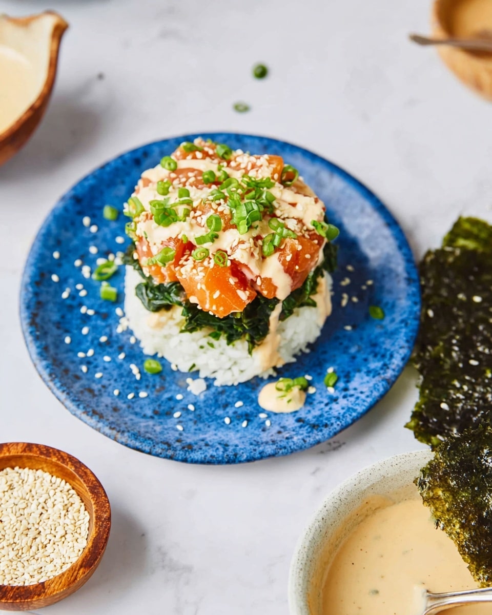 A round stack of food sits on a blue plate with a speckled texture, placed on a white marbled surface. The stack shows three main layers: at the bottom is a white rice base, on top of that are thick orange chunks of raw fish mixed with green seaweed strips forming the middle layer, and the top is covered with a creamy light beige sauce sprinkled with white sesame seeds and chopped green onions. To the right side of the plate, a large piece of dark green seaweed rests, slightly bent. Nearby, there is a small wooden bowl of white sesame seeds and a white and orange bowl filled with a creamy beige sauce and a spoon inside. photo taken with an iphone --ar 4:5 --v 7
