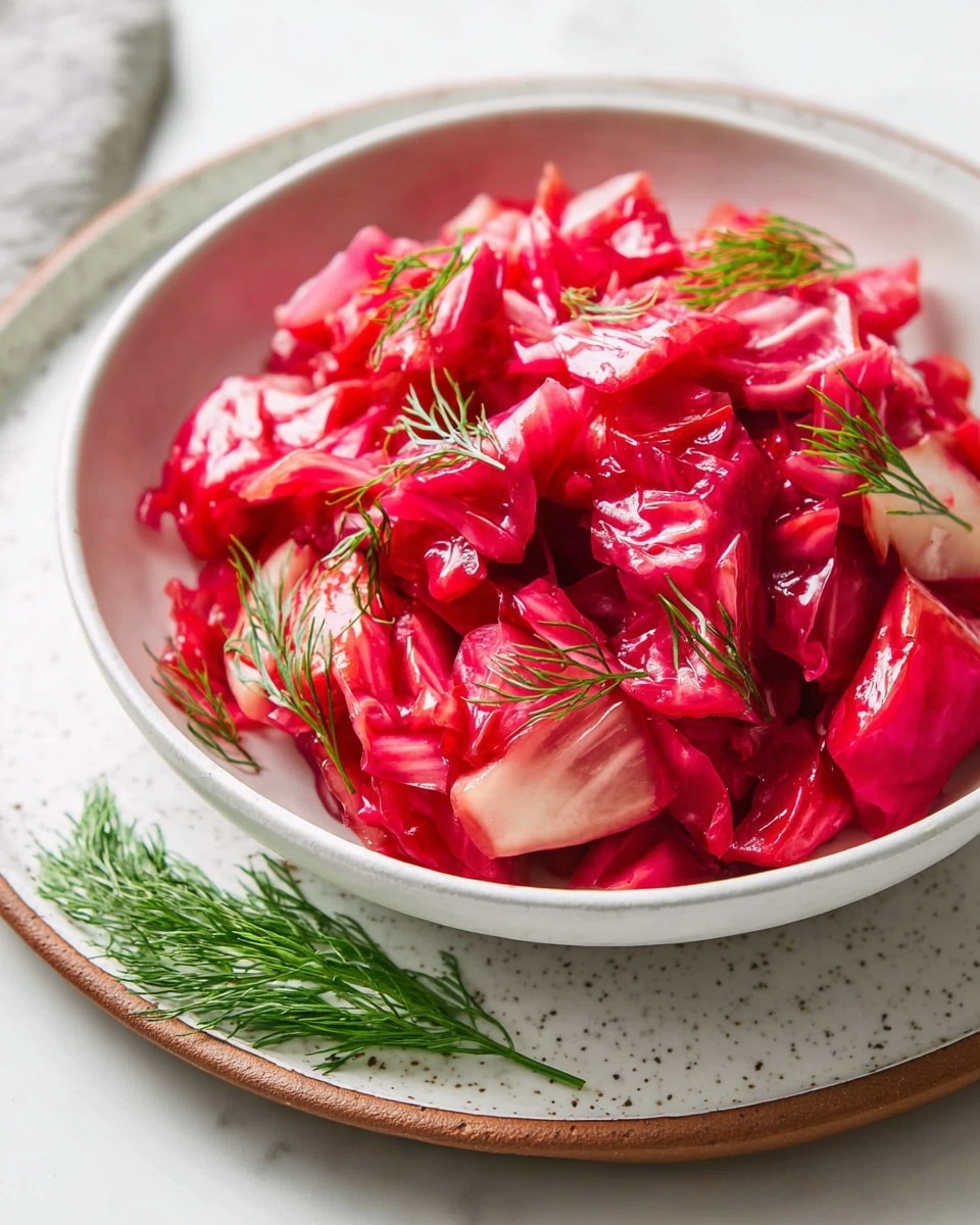 A close-up of a white bowl filled with bright red and light pink pickled cabbage pieces, layered with a glossy, slightly wet texture. The cabbage chunks are uneven and bite-sized, with some green dill sprigs scattered on top for garnish. The bowl sits on a white speckled plate with a brown rim, all placed on a white marbled surface. Fresh dill sprigs lie next to the plate adding a fresh green contrast to the vivid red color of the cabbage. Photo taken with an iphone --ar 4:5 --v 7