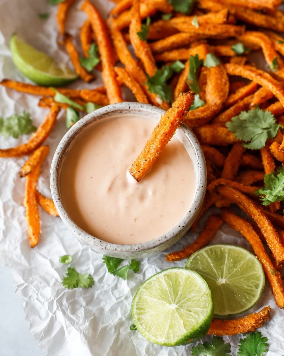 The image shows a small white ceramic bowl filled with a creamy light pink dipping sauce, with one crispy orange carrot fry dipped into it. Around the bowl, there is a pile of bright orange carrot fries with a textured, slightly crispy surface, scattered over crumpled paper with green cilantro leaves placed among them. At the bottom right, there are two lime slices with a pale green color. The whole scene is set on a white marbled surface. photo taken with an iphone --ar 4:5 --v 7