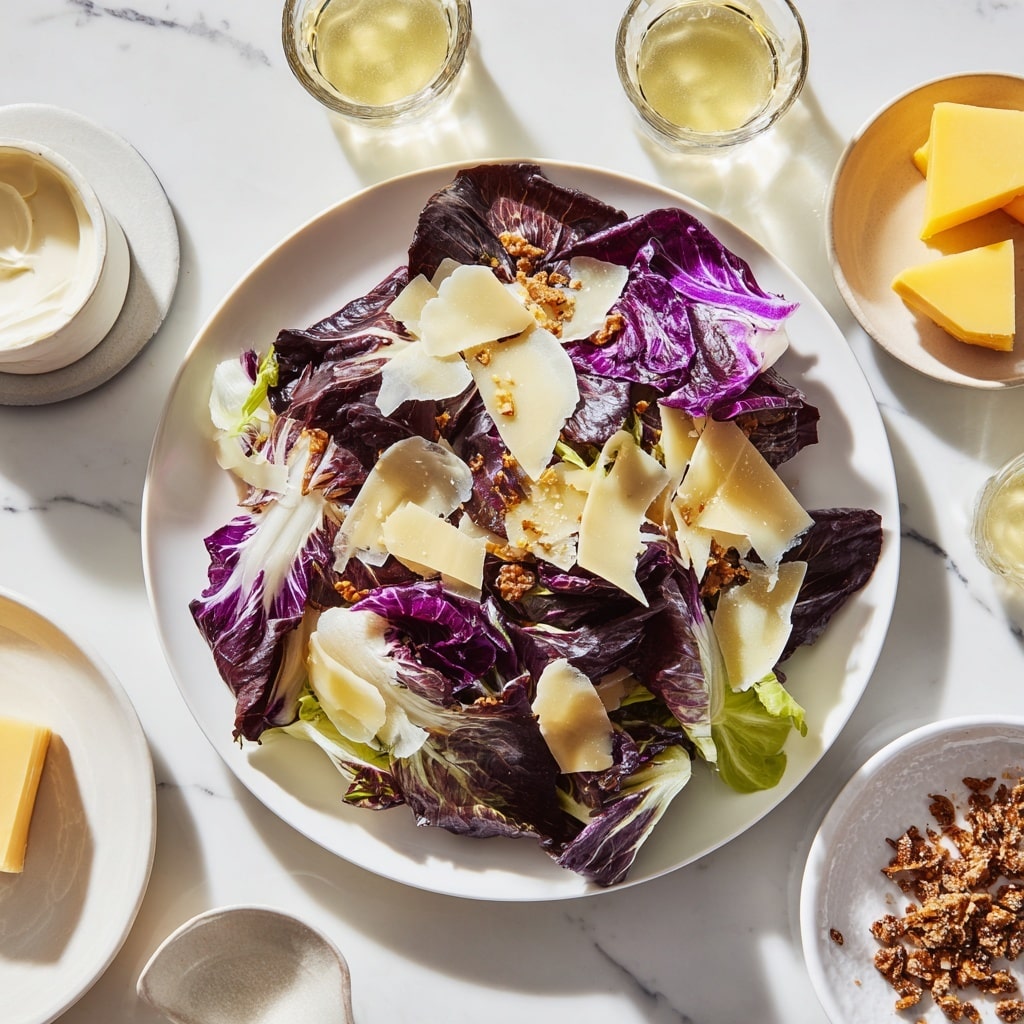 A white plate holds a salad that has 3 main layers: a base layer of light and dark purple leaves, mostly radicchio, scattered unevenly; on top of the leaves are thin, flat, light beige shavings of cheese spread across; sprinkled all over are small, crunchy, golden brown bits adding texture. The salad looks fresh and colorful with deep purple, beige, and golden brown colors mixed. Around the plate there are two small glasses containing a pale yellow drink, a white bowl with creamy white sauce, and a small white plate holding a yellow-ish butter block and some brown crumbly bits. Everything is set on a white marbled surface. The scene has a bright, natural light feel. photo taken with an iphone --ar 4:5 --v 7