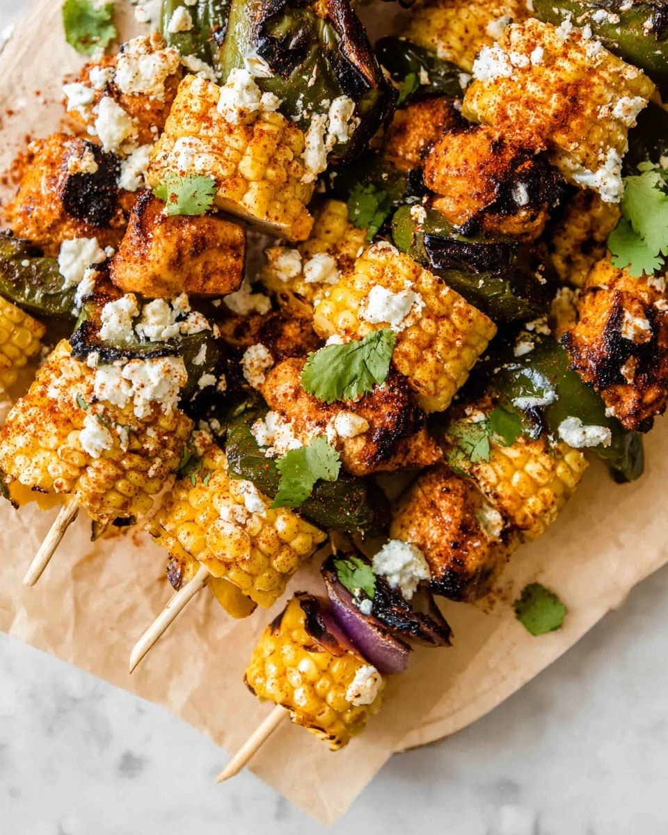 The image shows several skewers arranged on a light wooden board, each skewer layered with grilled yellow corn pieces, orange-brown grilled chicken chunks, green peppers, and dark green roasted jalapeños. There are fresh green cilantro leaves tucked between some layers, and white crumbly cheese topping parts of the skewers, lightly dusted with red chili powder. The textures include the corn’s soft kernels, the chicken’s charred surface, the smoothness of the peppers, and the crumbly cheese, all sitting on a white marbled texture background. photo taken with an iphone --ar 4:5 --v 7