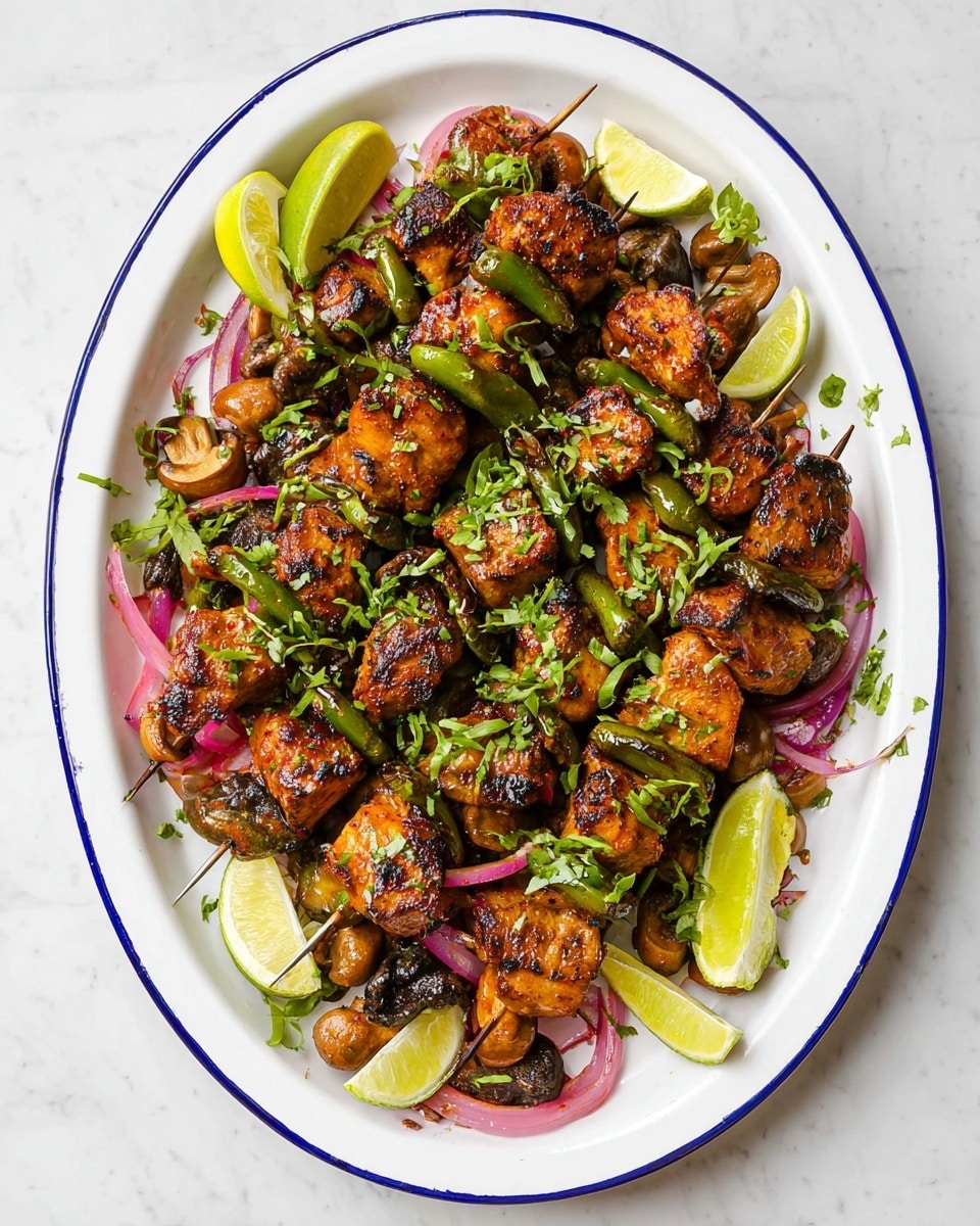 The dish shows a white oval plate with a blue rim filled with several skewers of grilled meat chunks that are golden brown with grill marks. Interspersed with the meat are green charred peppers and small round brown mushrooms. Beneath the skewers, there are thin slices of red onion adding a light purple color. Scattered on top are bright green chopped cilantro and chives creating a fresh look. Around the edges of the plate, lime wedges add a bright yellow-green contrast. The plate rests on a white marbled surface, giving a clean and bright background. Photo taken with an iphone --ar 4:5 --v 7