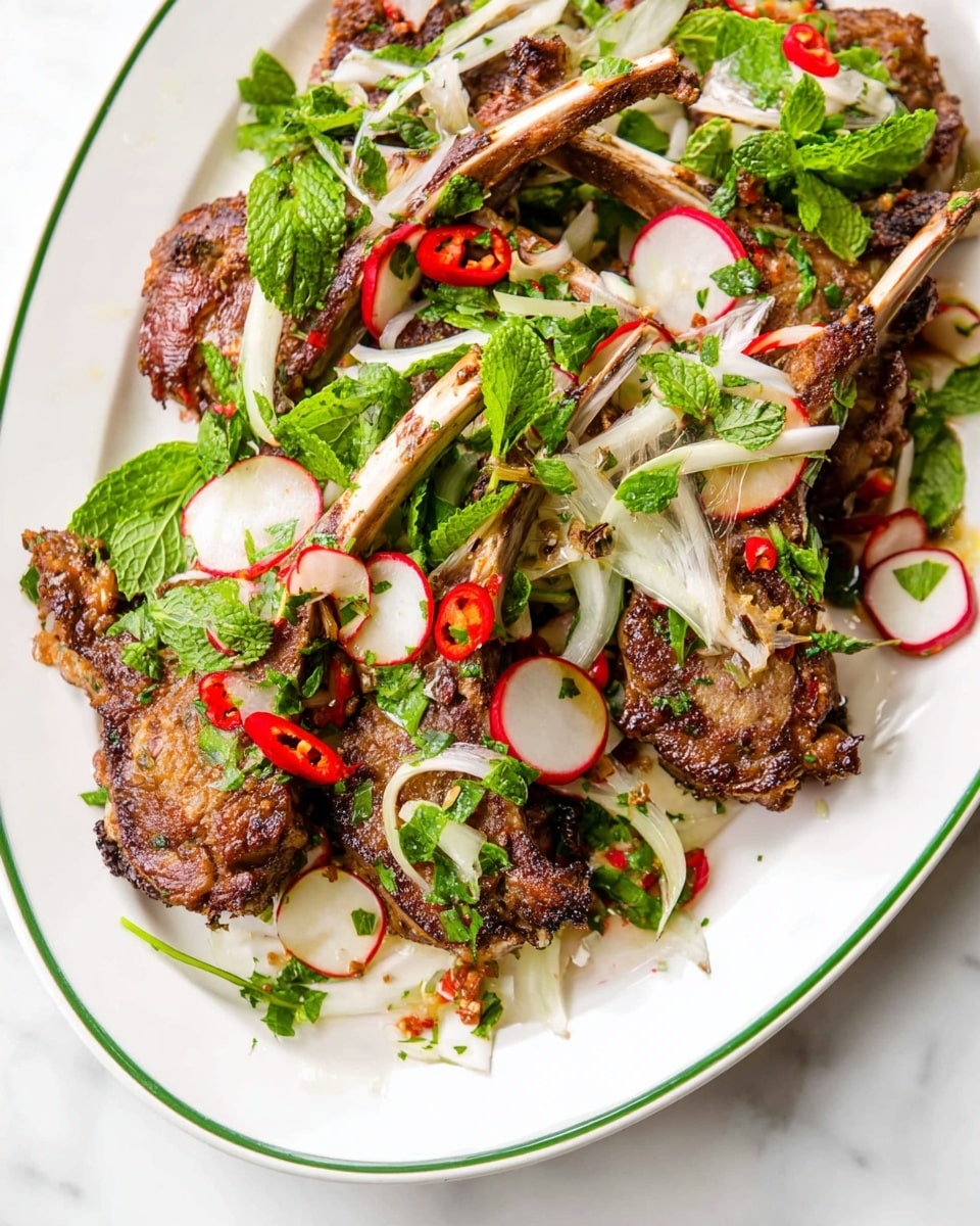 The dish shows several cooked lamb chops with browned, crispy edges laid out on a white plate with a green rim. Each chop has a white bone sticking out and is layered with fresh garnishes, including thinly sliced white onions, round red and white radish slices, chopped bright green herbs like cilantro and mint, and small slices of red chili peppers. The lamb chops are slightly browned and textured, and the fresh vegetables add a mix of vibrant green, red, and white colors scattered evenly on top and around the meat. The plate sits on a white marbled surface. photo taken with an iphone --ar 4:5 --v 7