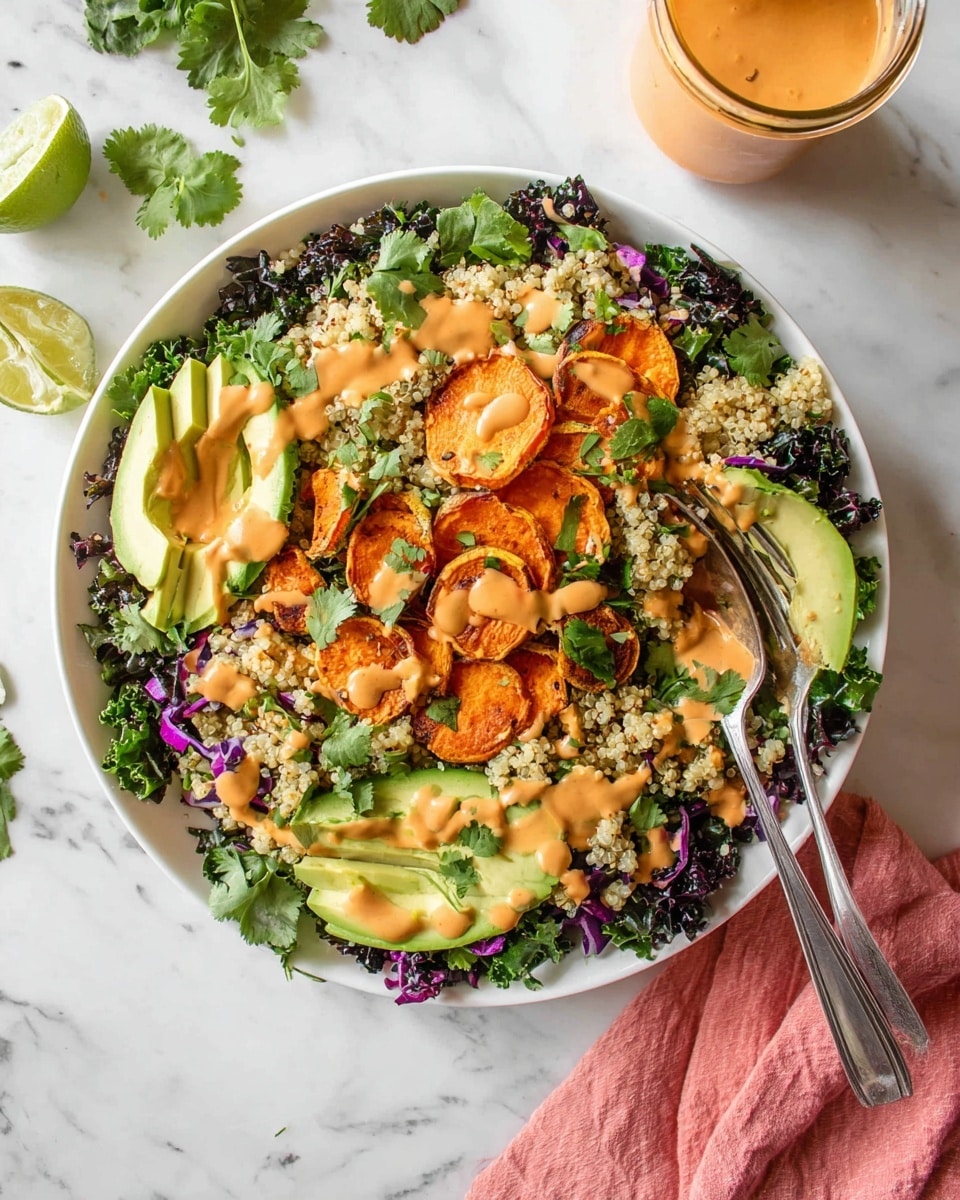 A large white bowl holds a multi-layered salad starting with a base of dark green leafy kale and thin strips of purple cabbage. On top, there are round slices of bright orange roasted sweet potatoes and creamy light green avocado wedges placed evenly around the bowl. A layer of fluffy, light beige quinoa is scattered over the vegetables. Fresh green cilantro leaves are sprinkled throughout, adding a touch of brightness. The whole dish is drizzled with a smooth, thick, light orange dressing. Two silver forks rest inside the bowl on the right side. The bowl sits on a white marbled surface with sprigs of cilantro and a pink cloth napkin nearby, and a small jar of the orange dressing is positioned in the top right corner. Photo taken with an iphone --ar 4:5 --v 7