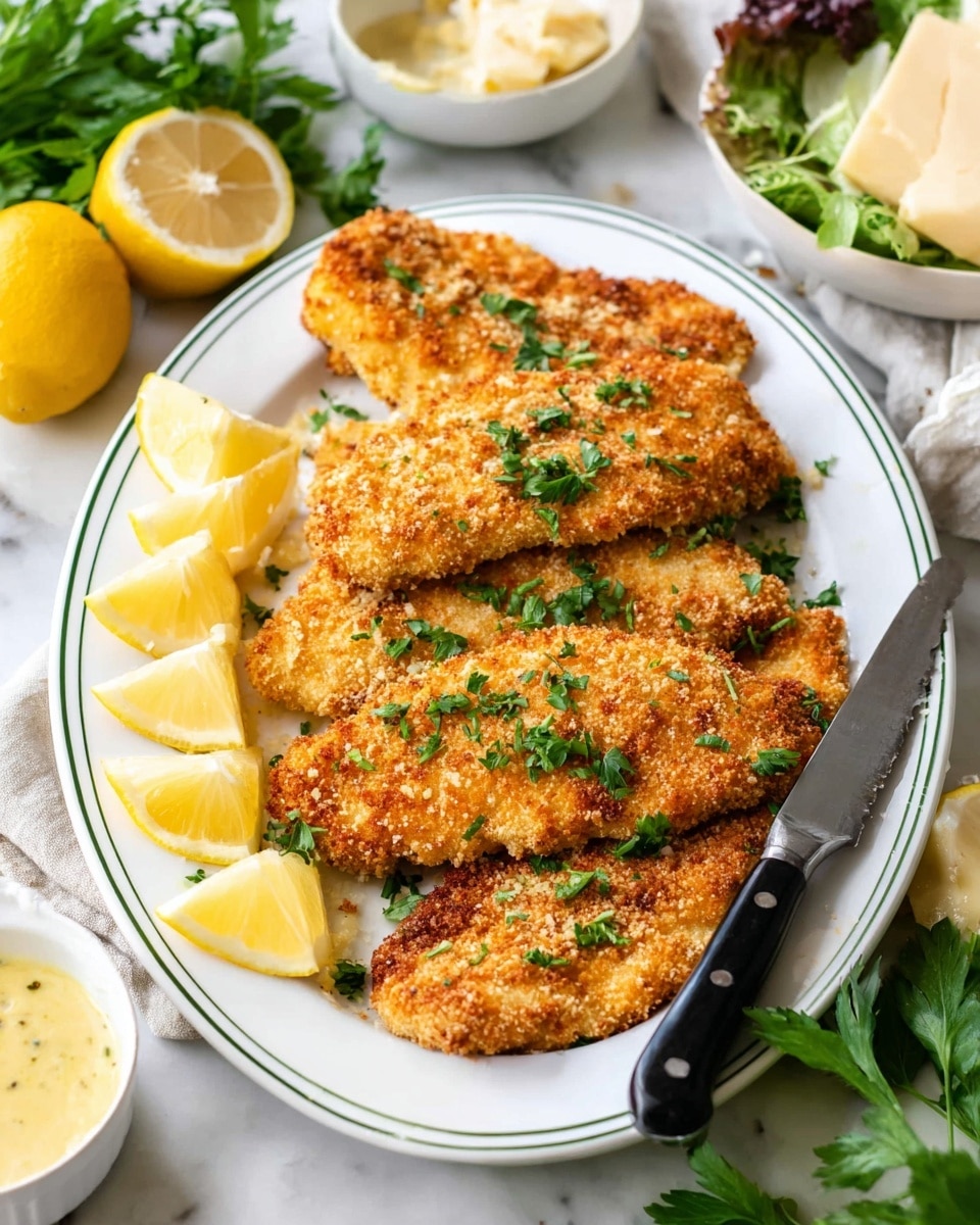 A white oval plate with a green trim holds five golden brown breaded chicken cutlets stacked slightly on top of each other, each with a crispy textured coating. Bright green parsley leaves are scattered over the cutlets for garnish. On the left side of the plate, there are four lemon wedges grouped together, with a few more lemon wedges placed near the bottom right edge of the plate next to a black-handled knife resting beside the cutlets. The plate is on a white marbled surface with fresh parsley sprigs, half a lemon, a small bowl of creamy yellow sauce with a spoon, a piece of cheese, and a salad bowl partly visible around it. photo taken with an iphone --ar 4:5 --v 7