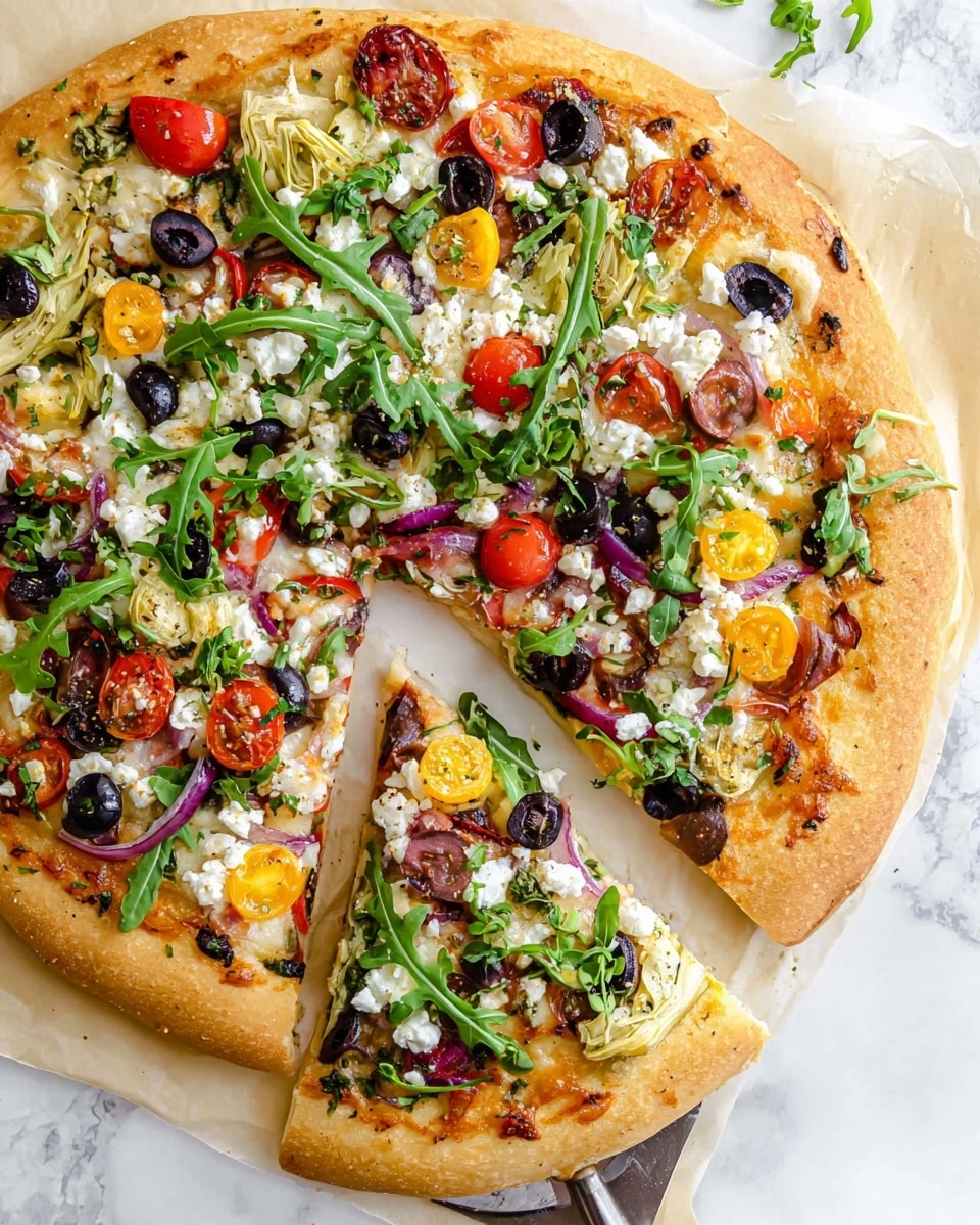 A pizza with a thick, golden crust on a round white base covered by a layer of melted mozzarella cheese slightly browned on the edges. The toppings include black olives, sliced red onions, artichoke hearts, yellow and red cherry tomato halves, crumbled white feta cheese, and fresh green arugula leaves scattered generously on top, giving a fresh look. The pizza is cut into several slices, with one slice slightly pulled out, showing the soft, fluffy dough inside. The whole pizza is placed on parchment paper against a white marbled background. Photo taken with an iphone --ar 4:5 --v 7