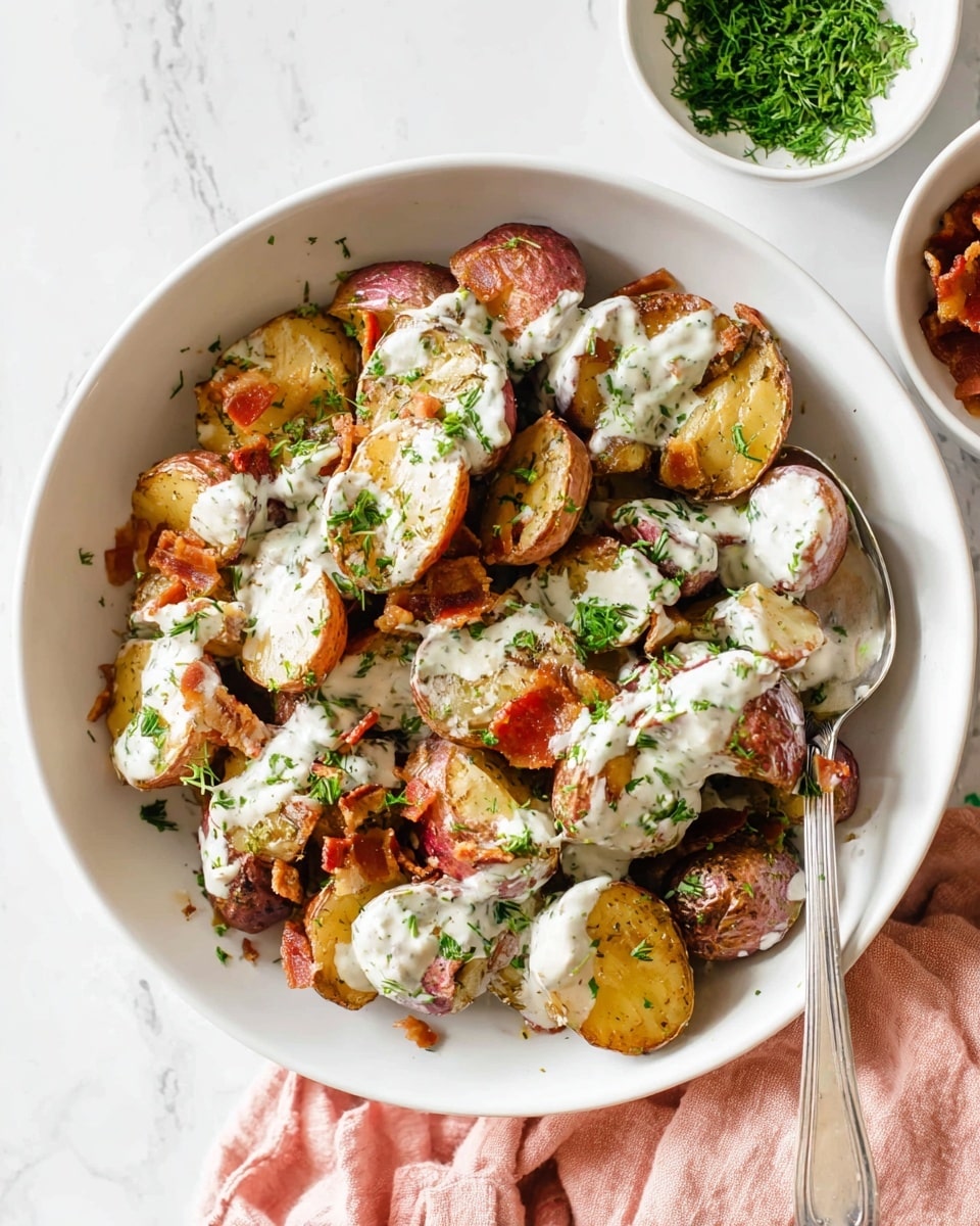 A white bowl is filled with two layers of roasted potato halves, showing golden brown and crisp textures with some red skin visible. Scattered among the potatoes are small pieces of crispy bacon, adding a reddish-brown color contrast. The whole dish is covered with a creamy white dill sauce that drips over the potatoes and bacon. Fresh chopped green herbs are sprinkled on top, giving a burst of bright green over the creamy sauce and potatoes. A spoon rests inside the bowl on the right side with some sauce and potatoes on it. The bowl sits on a white marbled surface with partial views of two white bowls nearby, one containing more chopped herbs and the other filled with bacon pieces. A soft pink cloth is partly seen at the bottom edge. photo taken with an iphone --ar 4:5 --v 7