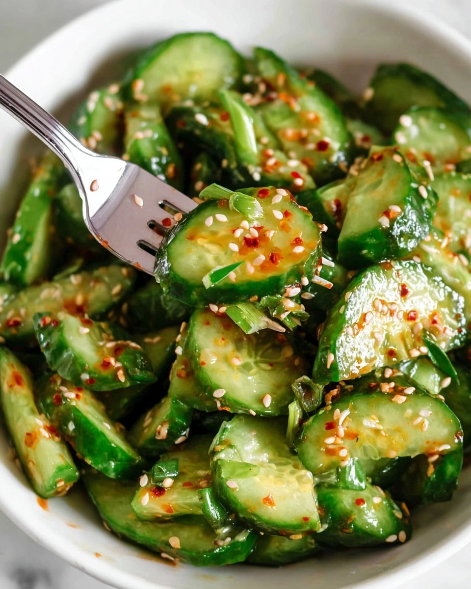 A close-up image of a fresh cucumber salad served in a white bowl on a white marbled surface, showing thick, glossy cucumber slices with dark green skin and pale green inside. The cucumbers are mixed with small pieces of chopped green onions and sprinkled with light brown sesame seeds and tiny red chili flakes. A silver fork is shown lifting a slice of cucumber coated with a shiny, reddish-orange spicy dressing, adding texture and color contrast. The overall look is fresh, vibrant, and appetizing with a mix of smooth and crunchy textures. photo taken with an iphone --ar 4:5 --v 7