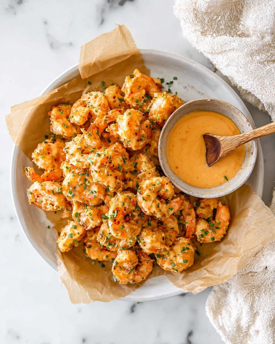 A round white plate holds a layer of light brown parchment paper, topped with a pile of golden-orange battered shrimp sprinkled with small green herb pieces. On the right side of the plate sits a small round white bowl filled with an orange dipping sauce, with a black and white spoon resting inside. The plate is placed on a white marbled surface, with a pale cream-colored textured cloth slightly visible nearby. Photo taken with an iphone --ar 4:5 --v 7