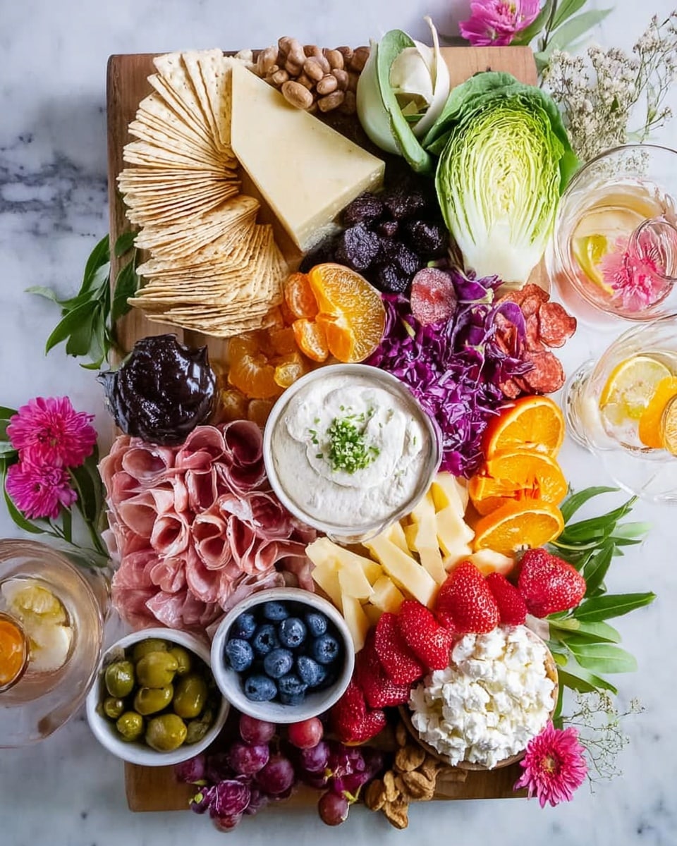 The image shows a large wooden board filled with many colorful foods arranged in layers. At the top left, there are light tan, triangular crackers stacked in a fan shape next to a wedge of pale cheese and small dark purple dried fruits. To the right, there are green leaves of endive surrounding a white bowl of creamy dip with a small green herb on top. Below the dip, there are bright red and purple leafy vegetables, fresh red strawberries, and thin slices of light yellow cheese. To the left, bright orange halved mandarins lie next to loose pink slices of cured meat and a bowl of white whipped cheese with herbs. Near the bottom, a white bowl filled with blueberries, white nuts, and slices of red sausage are visible beside a small white bowl of green olives. The board is decorated with green leaves, dried flowers, and several drinks in transparent glasses on a white marbled surface. photo taken with an iphone --ar 4:5 --v 7
