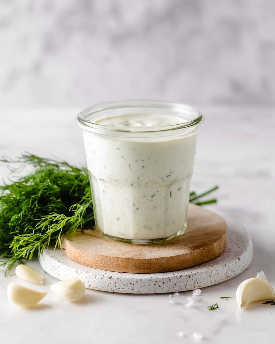 A clear glass jar filled with a creamy white sauce speckled with small green herb pieces sits on a round wooden coaster layered on a white speckled plate, next to a small bunch of fresh green dill. Around the base of the jar are several peeled garlic cloves scattered on a white marbled surface, with a blurred white marbled background behind. The sauce has a smooth texture with visible herbs mixed in. photo taken with an iphone --ar 4:5 --v 7