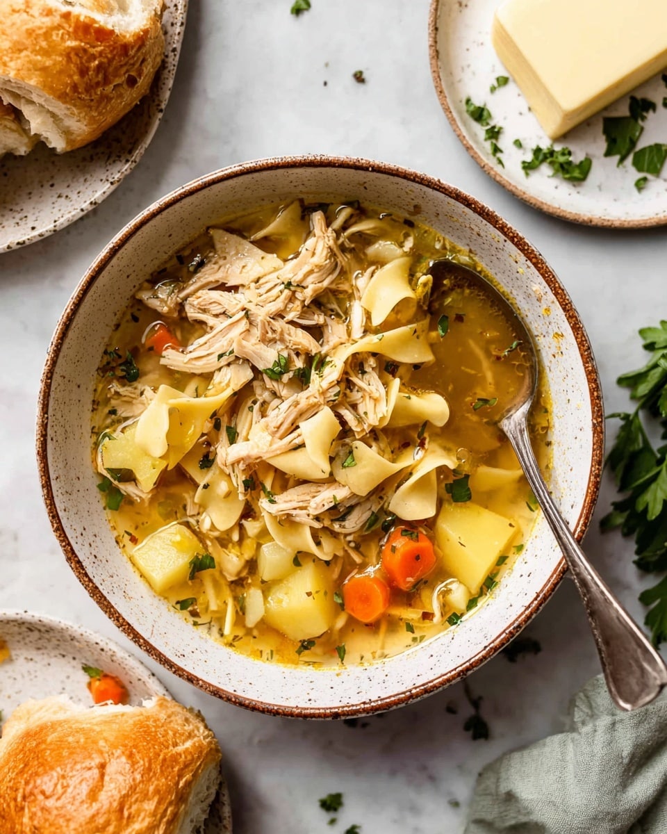 A white speckled bowl filled with chicken noodle soup, showing three main layers: a clear golden broth with scattered herbs, chunky pieces of orange carrot and yellow potato, and shredded light brown chicken mixed with wide, flat, pale noodles; a silver spoon rests on the right side of the bowl, dipping slightly into the soup. Nearby, there is a white speckled small plate with a pale yellow block of butter and a small green herb leaf, and another white speckled plate holding a golden brown biscuit with a soft light-top; scattered green herb leaves are placed around the plates on a white marbled surface. Photo taken with an iphone --ar 4:5 --v 7