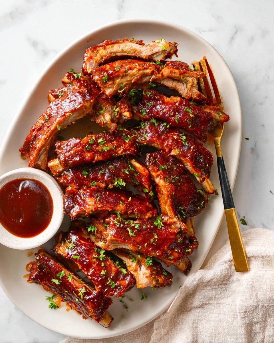 An oval white plate holds about a dozen glazed BBQ ribs stacked in layers, each rib coated in a shiny red-brown sauce, showing a mix of tender meat and bone. The ribs have a slightly charred texture on some parts, adding a rustic feel. Small green chopped herbs are sprinkled evenly across the ribs, adding bright green contrast. A small white bowl filled with thick dark reddish-brown BBQ sauce sits to the lower left on a white marbled surface. A gold fork with a black handle is piercing one rib on the right side of the plate. A soft white cloth is lightly visible in the bottom right corner. photo taken with an iphone --ar 4:5 --v 7