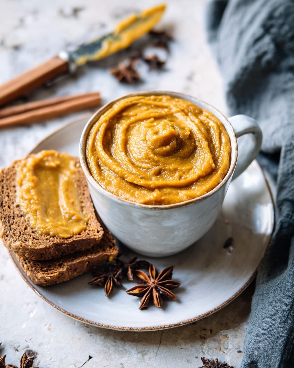 A white cup filled with a thick, smooth, orange-brown puree that has swirled textures on top. The cup sits on a white plate with a shiny, slightly uneven surface. Next to the cup, on the plate, is a piece of toasted bread spread with the same puree, showing rough, uneven swirls. Behind the cup is a butter knife with some of the puree on its blade. In the background on the right side, there are two cinnamon sticks and some star anise spices placed on a white marbled surface, along with a light grey cloth in the bottom right corner. Photo taken with an iphone --ar 4:5 --v 7