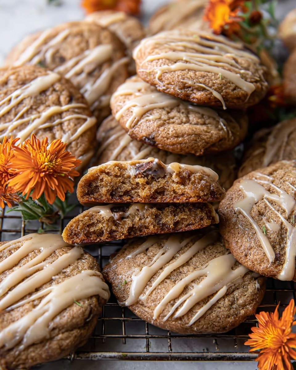 A close-up view of a pile of soft brown cookies with a slightly uneven texture, placed on a metal cooling rack above a white marbled surface. Some cookies have a light tan glaze drizzled over them in irregular stripes, while one cookie is broken in half, showing a moist, dense, and slightly crumbly inner texture. Small orange flowers sit among the cookies, adding a pop of color to the warm tones. The overall look is cozy and fresh, highlighting the cookies' golden-brown edges and smooth glaze. Photo taken with an iphone --ar 4:5 --v 7