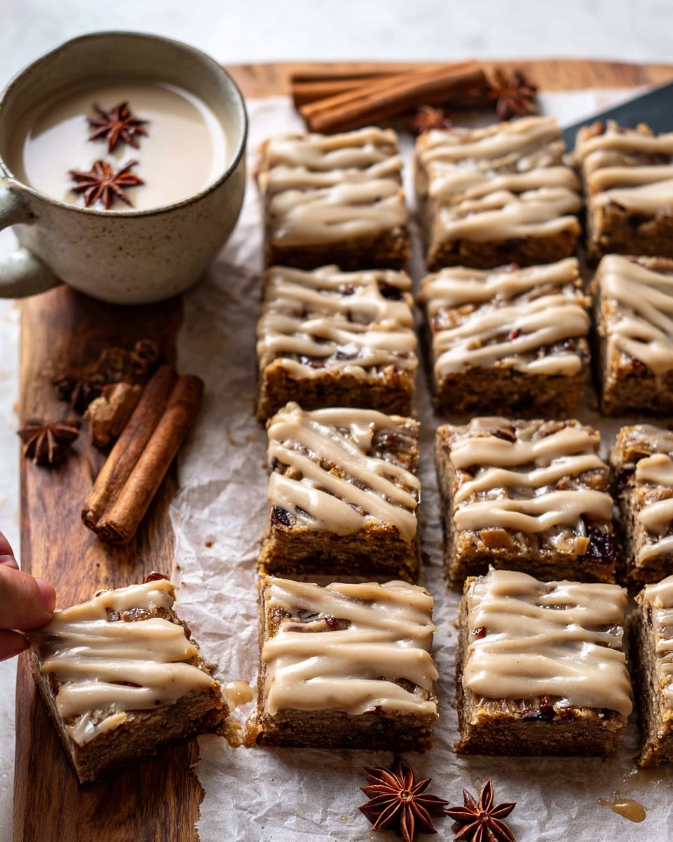 The image shows a batch of square dessert bars, arranged closely on parchment paper over a wooden cutting board, with a white marbled texture background. Each bar has two layers: a dense brown cake base with visible chunks of darker brown and golden pieces, topped with a light beige creamy drizzle spread unevenly across the surface, giving a textured look. One bar is lifted by a woman's hand, revealing its thickness and moist texture. To the side is a white cup filled with a light creamy drink, topped with a floating star anise and a cinnamon stick resting inside. Scattered cinnamon sticks are on the cutting board around the bars, with a metal spatula partially covered with the drizzle near the top right corner. photo taken with an iphone --ar 4:5 --v 7