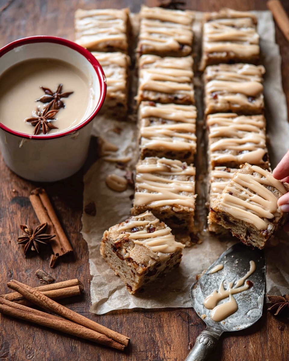 The image shows a group of square dessert bars arranged on parchment paper on a wooden table, each bar having two main layers: a moist, light brown cake base with visible small chunks of fruit or nuts, topped with a thick, creamy beige drizzle spread unevenly over the top, creating a textured look. One piece is lifted up by a woman's hand, showing the thickness and moist texture of the bar. To the left, there is a white cup with a red rim filled with a creamy beige drink, garnished with a whole cinnamon stick and a star anise floating on top. A vintage silver spatula with more of the same beige drizzle on it lies to the right side. Cinnamon sticks are scattered around on the wooden surface, creating a warm, cozy feel. Photo taken with an iphone --ar 4:5 --v 7