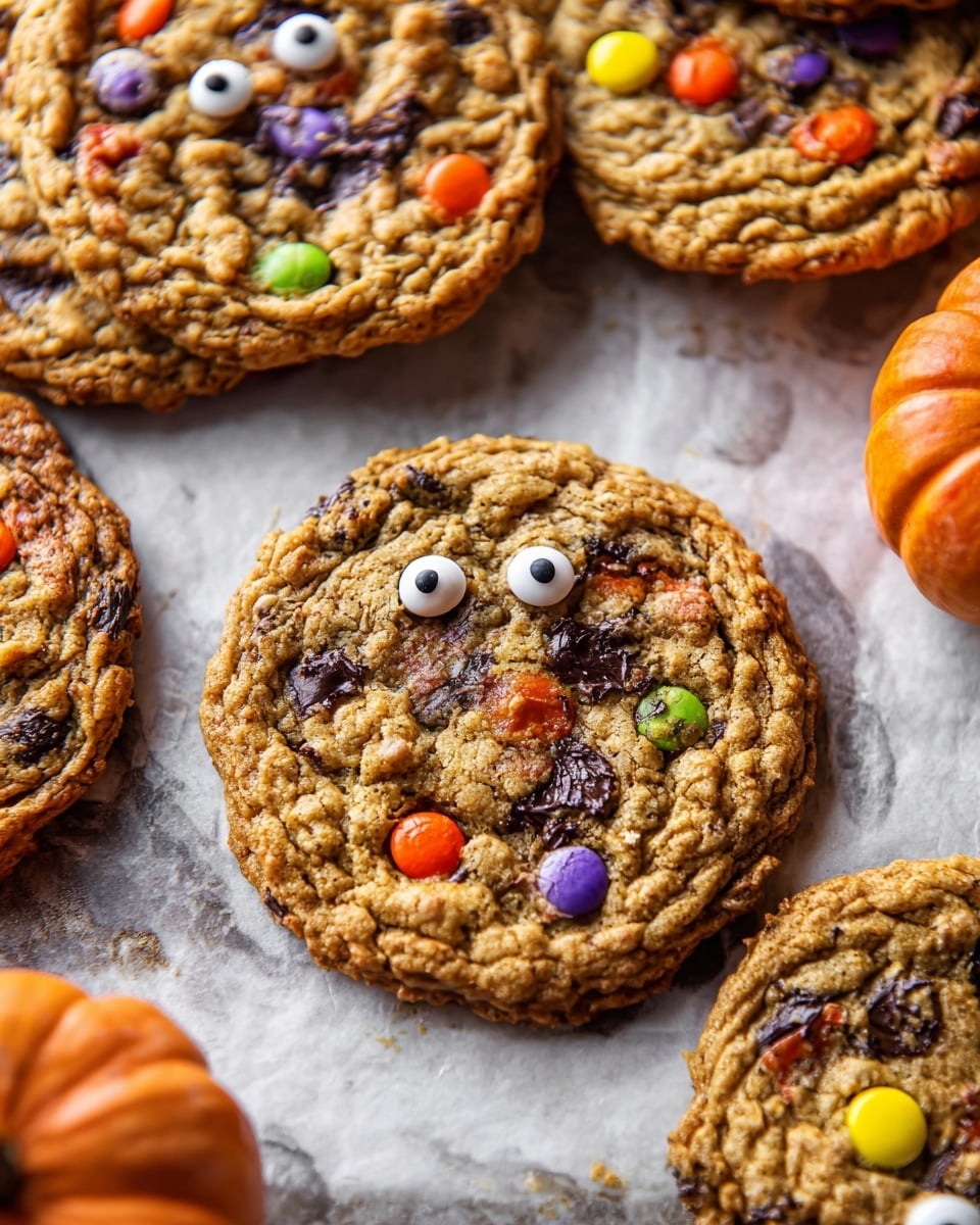 Several large, round oatmeal cookies with a rough, crumbly texture rest on a white marbled surface lined with parchment paper. Each cookie is decorated with colorful candy pieces in orange, yellow, purple, and green embedded throughout the golden-brown dough. Two white candy eyes with black pupils and lashes stand out on each cookie, giving them a playful, Halloween-themed look. Small orange decorative pumpkins sit near the cookies on the same surface, enhancing the festive fall atmosphere. The cookies have slightly darker edges, showing they are baked to a crispy finish. photo taken with an iphone --ar 4:5 --v 7
