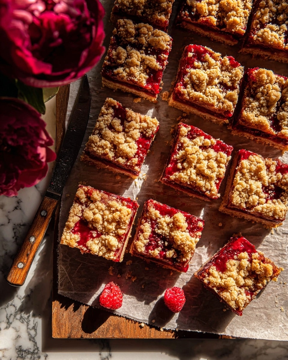 The image shows a batch of raspberry crumble bars cut into rectangles and squares arranged on baking paper on a wooden board. Each bar has three visible layers: a crumbly, golden-brown oat crust at the bottom, a bright red and slightly glossy raspberry jam filling in the middle with visible raspberry pieces, and a rough, golden crumb topping scattered unevenly on top. A single fresh raspberry sits near the bottom center beside a knife with a wooden handle, placed on the wooden board. In the soft light, the bars cast shadows on the white marbled textured surface beneath, with a deep red peony flower partially visible at the top left corner. photo taken with an iphone --ar 4:5 --v 7