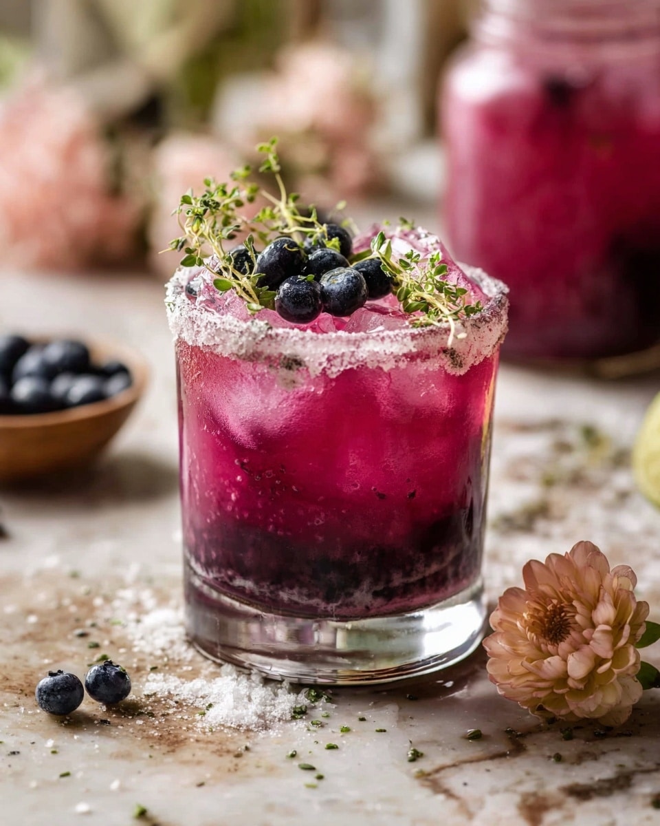 A short, clear glass filled with a deep purple-pink drink with ice cubes inside, showing a slightly frosted texture around the top. The rim of the glass is coated with a sugary layer, and on top are a few dark blue blueberries along with small green herb sprigs. The drink appears to have two layers: a darker purple at the bottom and a lighter pink with ice floating on top. The glass sits on a rustic surface with scattered sugar, blueberries, and a pale pink flower nearby, with blurred background elements including a jar with similar contents. The whole scene is on a white marbled texture. photo taken with an iphone --ar 4:5 --v 7
