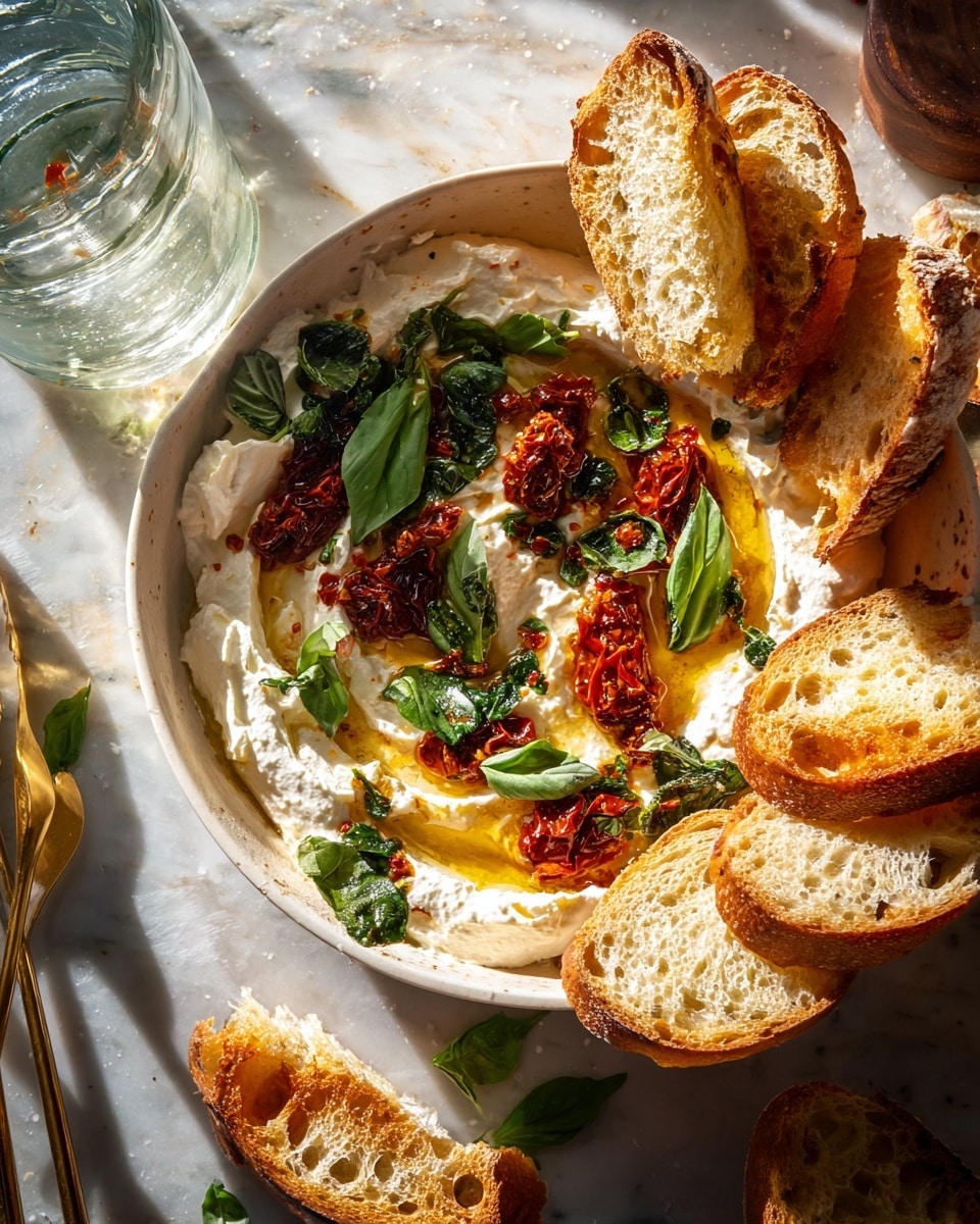 A white round bowl holds a creamy white layer of soft cheese spread thickly at the bottom, forming smooth ridges around the edges. Pooled golden olive oil with bits of red sun-dried tomatoes swims in the soft cheese at the center, while fresh bright green basil leaves are scattered generously over the dish, adding vibrant color. On the right side, several slices of golden-brown toasted bread with a crispy texture and airy holes lean against the bowl’s edge. A smaller piece of toasted bread with a basil sprig rests near the bottom, completing the arrangement. The bowl sits on a white marbled surface with strong natural sunlight casting warm shadows, and part of a glass bottle and a pair of golden tongs are visible around the bowl. Photo taken with an iphone --ar 4:5 --v 7