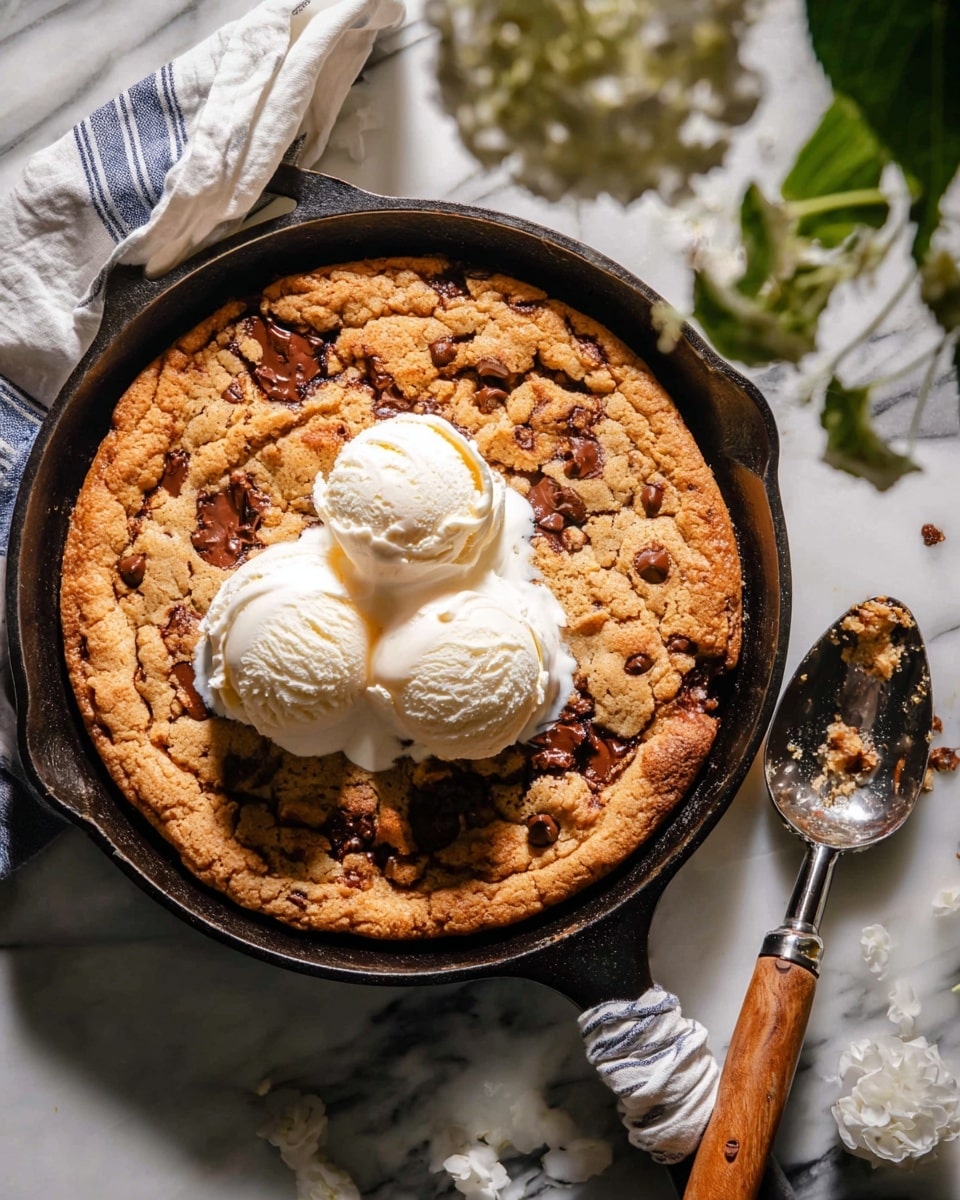 A close-up image of a warm cookie skillet dessert served in a black cast iron pan, placed on a white marbled surface. The dessert has a thick, golden-brown cookie layer with visible chocolate chips melted in, creating a textured, slightly cracked top. In the center, there are three creamy white scoops of vanilla ice cream slowly melting and blending into the warm cookie below. To the right side of the pan, a vintage ice cream scoop with a wooden handle rests on the white marbled surface, accompanied by a white and blue striped cloth nearby. Small white flowers and green leaves are seen in the upper right corner, adding a fresh touch to the cozy setting. photo taken with an iphone --ar 4:5 --v 7