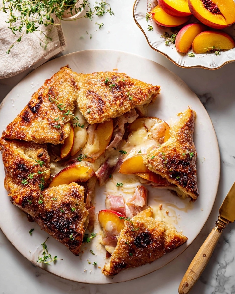 A white plate on a white marbled surface holds a rustic golden-brown pastry with a rough, sugar-coated crust that is split into four large, triangular pieces showing layers inside. Inside the pastry are soft creamy melted cheese, thin light pink slices of ham, and juicy peach wedges with a shiny glaze. Some fresh green herb sprigs are scattered on and around the pastry. To the upper right, a white floral bowl contains extra glazed peach wedges garnished with herbs next to a knife with a light wooden handle resting partly on the plate. Photo taken with an iphone --ar 4:5 --v 7