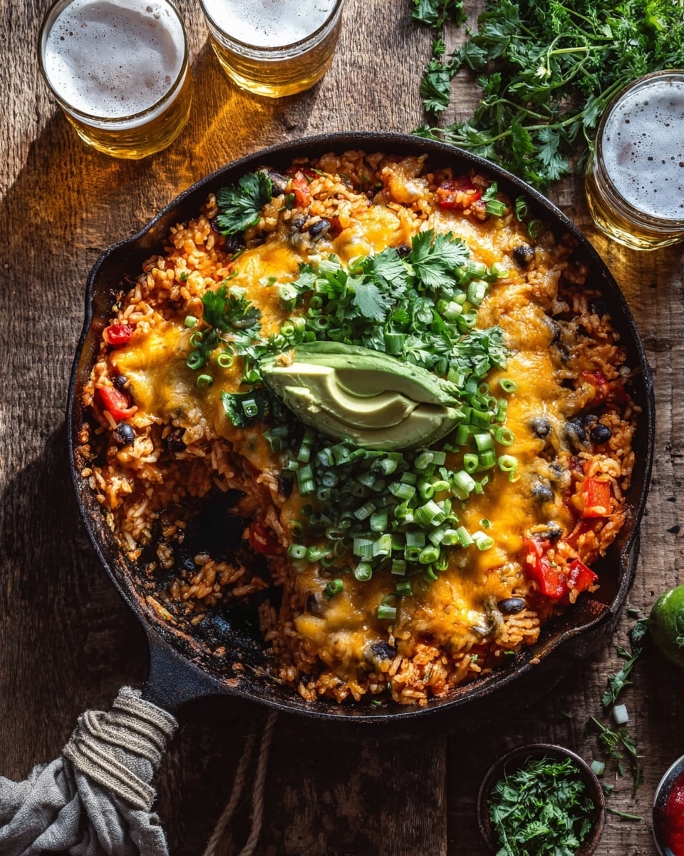 A dark skillet is filled with a layered cheesy rice dish. The bottom layer consists of orange-brown cooked rice mixed with black beans and chunks of red tomato. Above this is a thick, bubbly golden melted cheese layer, slightly browned at the edges. On top, there are green avocado slices and a generous pile of chopped green onions and fresh cilantro, adding a fresh touch. The skillet rests on a rustic wooden surface with a piece of cloth wrapped around the handle. Nearby are two glasses of light beer and some fresh herbs. photo taken with an iphone --ar 4:5 --v 7