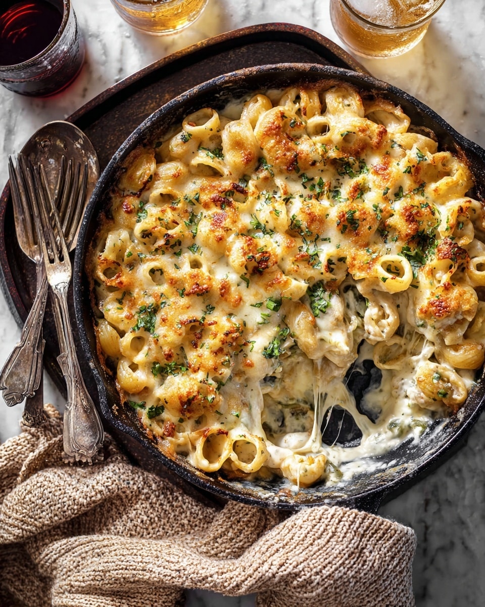 A cast iron skillet filled with creamy baked pasta, showing two layers: the bottom layer of small ring-shaped pasta mixed with creamy white sauce, and the top layer covered with melted, golden brown cheese speckled with fresh green herbs, giving a slightly crispy texture on top. The pasta has an uneven creamy texture with some stretching cheese strands. The skillet sits on a dark tray with three vintage silver forks and spoons resting next to it, and two drinks in clear glasses nearby. A beige knitted cloth is draped on the side, and the whole scene is set on a white marbled textured surface. Photo taken with an iphone --ar 4:5 --v 7