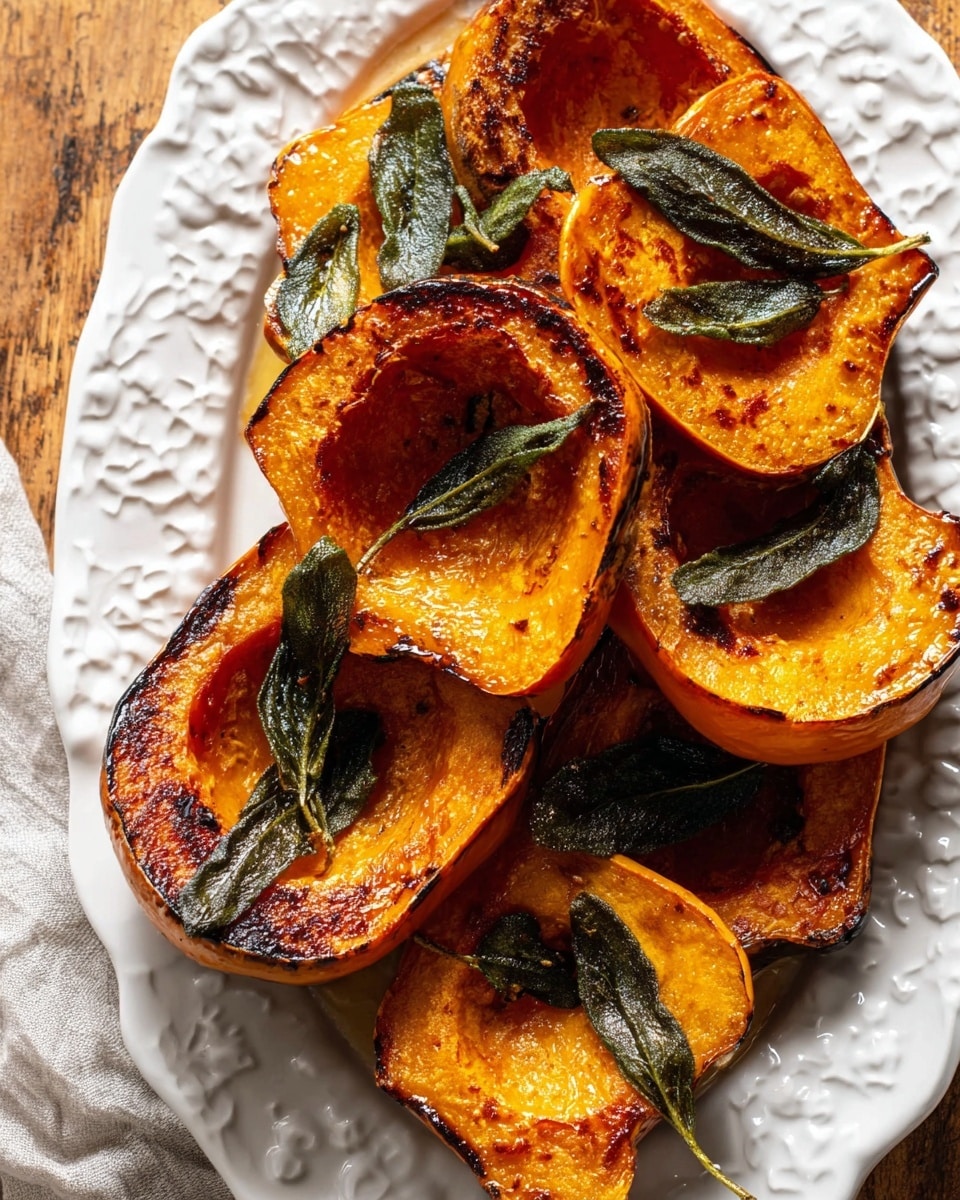 The image shows roasted squash halves arranged closely on a white, decorative plate with raised patterns. Each squash half has a deep orange color with a slightly charred, caramelized surface that looks soft and cooked. Dark green roasted leaves are placed on top of several squash pieces, adding texture and color contrast. The plate sits on a wooden surface, which should be imagined as a white marbled texture. The lighting highlights the glossy, cooked squash surfaces, making the dish look warm and inviting. Photo taken with an iphone --ar 4:5 --v 7