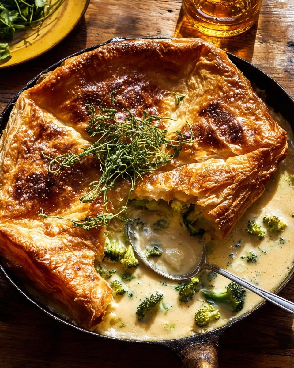 A cast iron pan filled with creamy soup containing green broccoli florets, topped with a golden brown puff pastry crust that is puffed and flaky, with some cracks showing the creamy soup beneath. The puff pastry has shiny, crispy edges with a few salt flakes and sprigs of fresh green herbs on top. A metal spoon is partly submerged in the soup inside the pan. The pan sits on a wooden surface next to an amber glass and a yellow plate with fresh green herbs. photo taken with an iphone --ar 4:5 --v 7