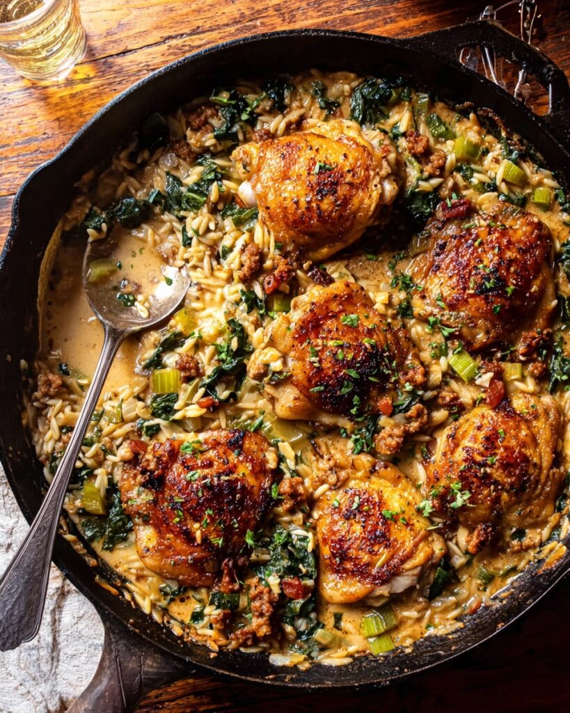 One Skillet Tuscan Chicken and Orzo Recipe