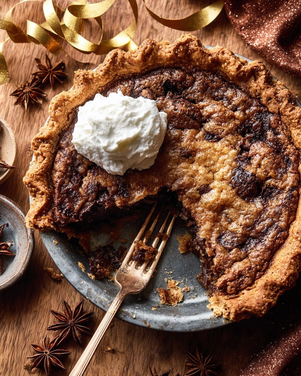A half-eaten round pie sits in a metal pie dish showing a crispy, golden-brown crust with a textured, bubbled top layer speckled with darker spots, indicating a rich, baked filling with chunks of melted chocolate visible inside. A dollop of white whipped cream rests on the pie’s edge and on the metal fork, which lies inside the dish on the left side. The pie is placed on a warm wooden surface with decorative star anise pods nearby and a gold ribbon curling in the top area. Photo taken with an iphone --ar 4:5 --v 7