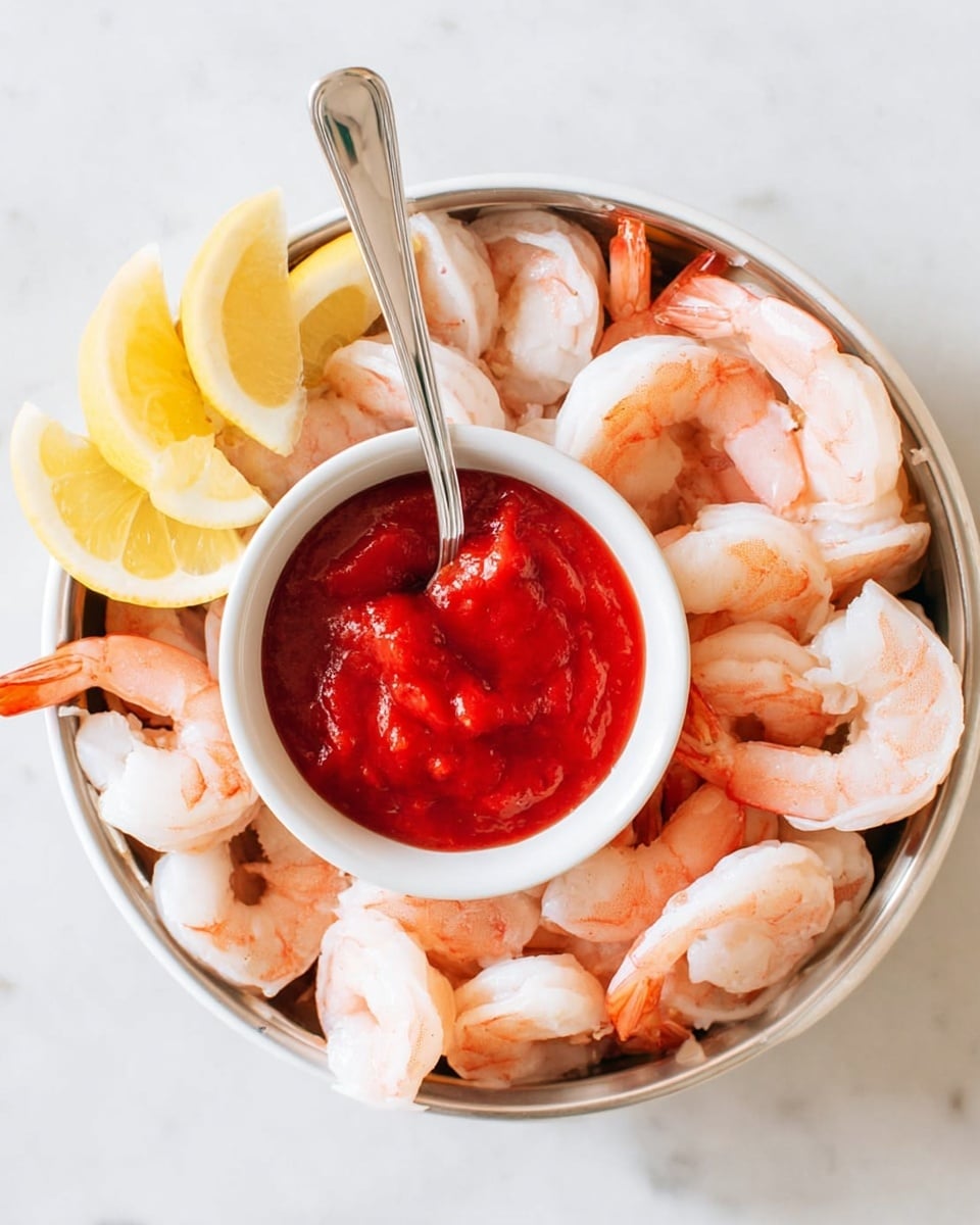 A white bowl filled with a ring of pink and white cooked shrimp surrounding a smaller white bowl in the center that holds bright red cocktail sauce, with a silver spoon dipped into the sauce. Inside the larger bowl, near the shrimp, there are a few wedges of light yellow lemon. The bowl is placed on a white marbled surface. photo taken with an iphone --ar 4:5 --v 7