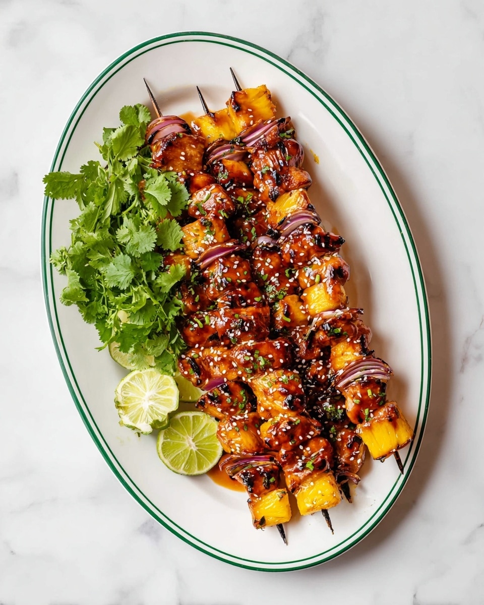 The dish shows several grilled skewers filled with chunks of glazed chicken, yellow pineapple pieces, and bits of red onion, all coated in a shiny, sticky sauce with visible sesame seeds sprinkled on top. These colorful skewer layers of brown, golden yellow, and deep purple rest on a white oval plate with a green rim. On one side of the plate, there is a small bunch of bright green fresh cilantro and a few lime wedges with light green skin and pale green flesh. The whole plate sits on a white marbled surface. photo taken with an iphone --ar 4:5 --v 7