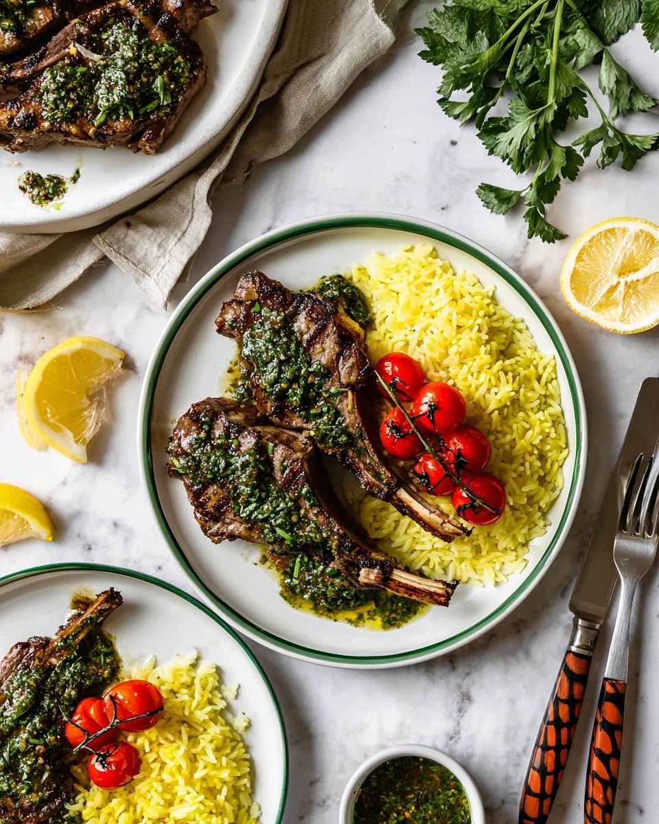The image shows a white plate with two grilled lamb chops covered in green herb sauce placed side by side on the left. On the right side of the plate, there is a pile of yellow rice with a small bunch of red cherry tomatoes on the vine resting partly on the rice and partly on the plate. Next to the plate, there is a fork and knife with a brown and black striped handle. Surrounding the plate are fresh green herbs and two halves of a lemon, all set on a white marbled surface. In the top right, part of a larger white plate with a green rim holds more lamb chops with the same green herb sauce and a small white bowl of sauce. The bottom left shows another white plate with yellow rice and red cherry tomatoes visible. photo taken with an iphone --ar 4:5 --v 7
