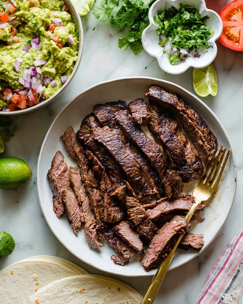 Thin slices of grilled steak are arranged in a white round plate, showing a mix of brown charred edges and pink juicy centers. A golden fork rests on the right side of the plate, partially lifting some pieces of steak. To the left, there is a white bowl filled with chunky guacamole made of green avocado, red tomato bits, and purple onion pieces. On the right, a small white flower-shaped bowl holds chopped cilantro and red onion. The background is a white marbled surface scattered with fresh cilantro leaves, a squeezed lime half, a halved tomato with a bright red inside, and a stack of white tortillas partially wrapped in a striped cloth at the bottom right corner. Photo taken with an iphone --ar 4:5 --v 7