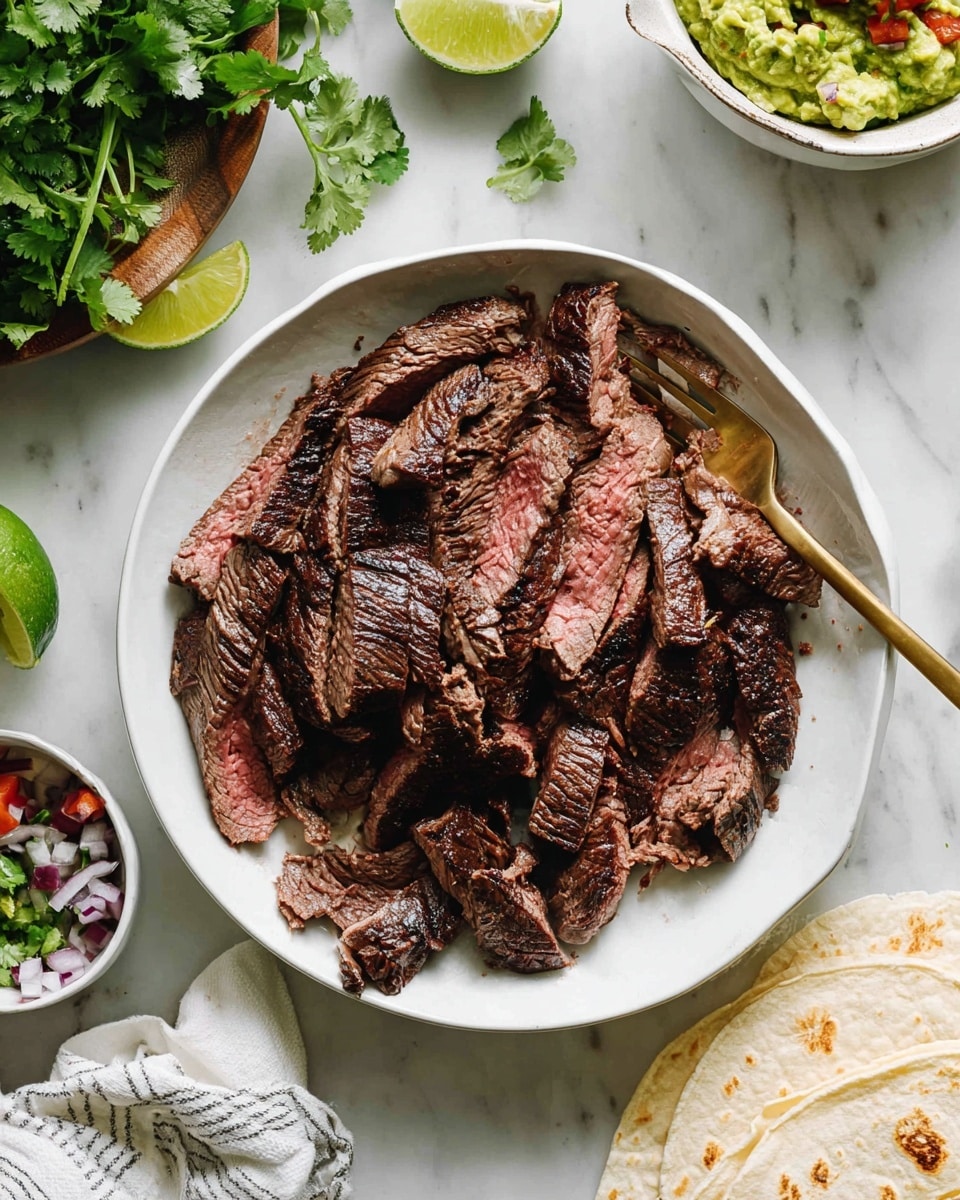 A white round plate filled mostly with medium-rare grilled steak slices, showing a mix of dark brown, charred edges and bright pink juicy centers, arranged in a slightly overlapping manner. A gold fork rests inside the plate on the right side, touching some steak pieces. Around the plate on a white marbled surface, there is a white bowl filled with chunky green guacamole mixed with bits of red onion and tomatoes, a small white bowl with chopped cilantro and red onions, a bunch of fresh green cilantro, a squeezed lime half, and stacked white tortillas wrapped in a white and gray striped cloth with cilantro on top. photo taken with an iphone --ar 4:5 --v 7