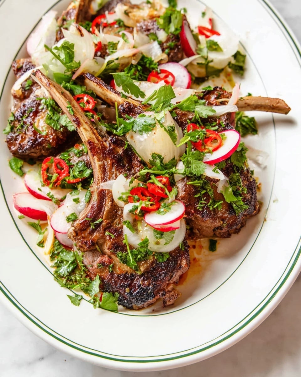 A white plate with a thin green rim holds a pile of grilled lamb chops, each with a long bone sticking out. The lamb meat is dark brown and charred, showing a slightly crispy texture. On top of the lamb, there are thinly sliced white onions, bright red chili pieces, and small round slices of radish with red edges and white centers. Fresh chopped green herbs like cilantro are scattered all over, adding a fresh and colorful touch. The plate sits on a white marbled surface. photo taken with an iphone --ar 4:5 --v 7