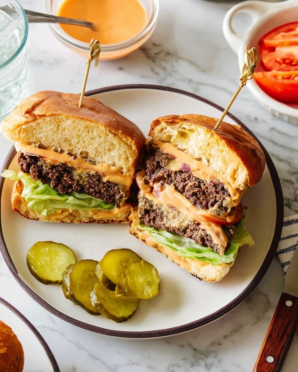 A cheeseburger is cut in half and served on a white plate with a dark rim, sitting on a white marbled surface. The burger has three main layers: at the bottom, crisp green lettuce and tomato slices; in the middle, a thick, dark brown beef patty with a slightly charred texture; and on top, a soft, golden toasted bun spread with a creamy orange sauce. Two wooden skewers hold the halves together. On the plate beside the burger, bright green pickle slices are neatly arranged. Nearby, a small white bowl contains more pickle slices and tomato wedges, and a glass bowl with orange sauce is partially visible. A knife with a wooden handle rests on the plate next to the burger. photo taken with an iphone --ar 4:5 --v 7