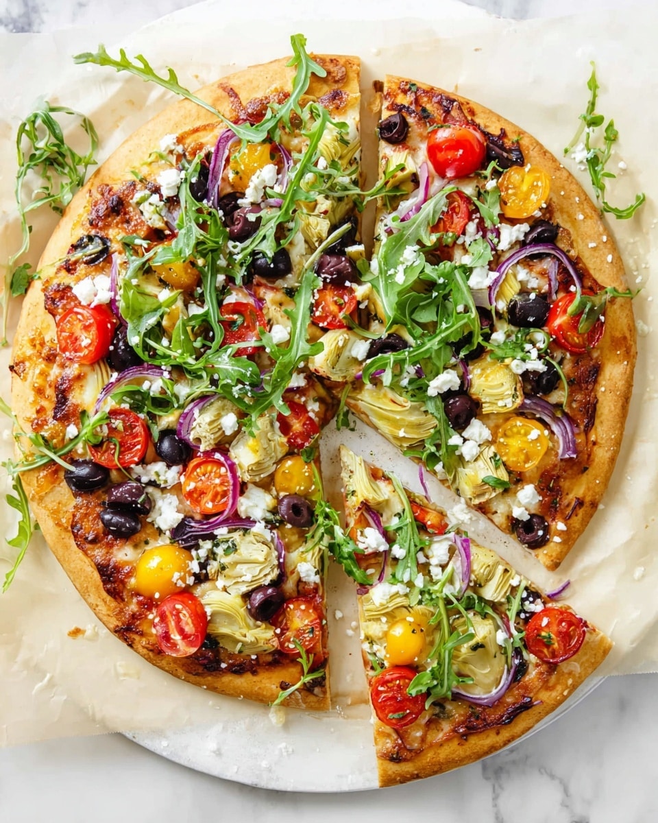 A round pizza with a golden-brown crust sits on parchment paper over a round white plate on a white marbled surface. The pizza is cut into slices with several slices pulled slightly away, showing the thick crust’s soft texture. The base layer is melted cheese with some browned spots. On top, there are black olives, slices of red onion, and chunks of artichoke. The next layer has bright yellow and red cherry tomato halves scattered all over. Finally, the pizza is garnished with fresh green arugula leaves and small white crumbles of cheese sprinkled across the top. Photo taken with an iphone --ar 4:5 --v 7