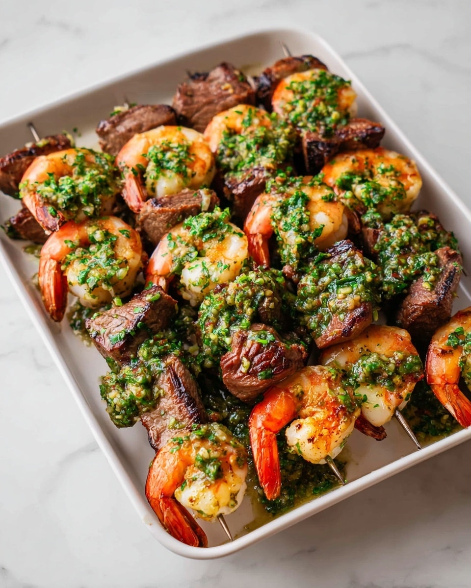 A white rectangular dish filled with kebabs made of grilled shrimp and beef pieces on metal skewers, arranged in a slightly overlapping manner. The shrimp are pink with a slight char and have a glossy texture, while the beef chunks are brown and juicy with grilled marks. Both shrimp and beef are topped with a bright green, finely chopped sauce, likely a mix of herbs and garlic, which evenly covers each piece. The dish sits on a white marbled surface, enhancing the vibrant colors of the food. photo taken with an iphone --ar 4:5 --v 7