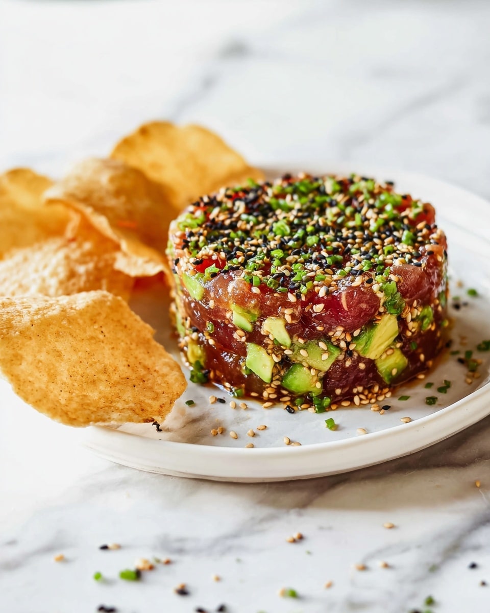 The image shows a round stack of finely chopped raw tuna mixed with small green avocado cubes, forming the main layer with a reddish-brown and green color and a moist, fresh texture. It is topped with black and white sesame seeds and sprinkled generously with thin chopped green herbs that add a pop of bright green. The stack sits in the center of a round white plate, surrounded by a few large, crispy, light golden-brown chips that add a crunchy contrast. The plate rests on a white marbled surface with a few scattered sesame seeds and herbs nearby. The lighting is bright and natural, highlighting the fresh and colorful ingredients. Photo taken with an iphone --ar 4:5 --v 7