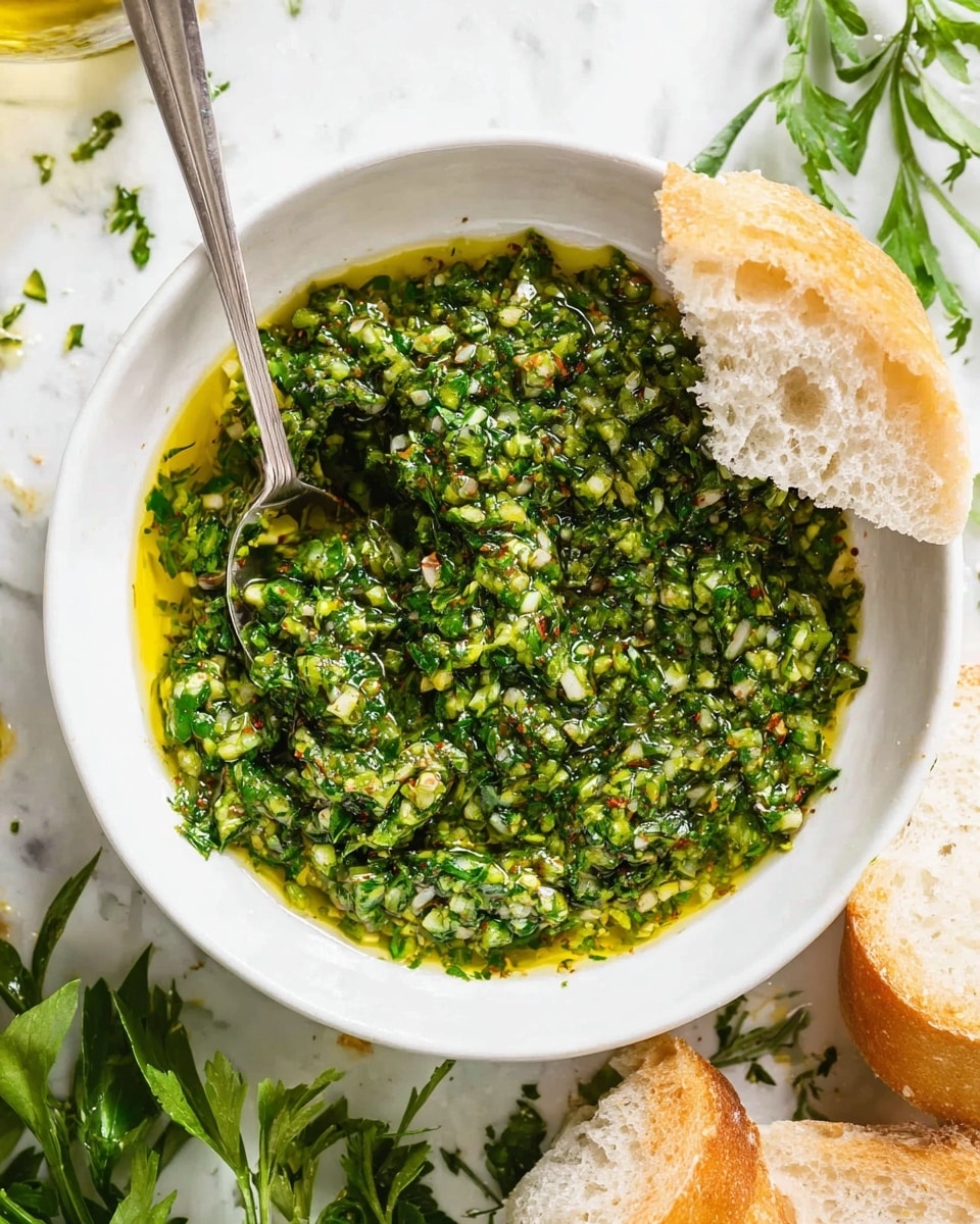 A white bowl filled with a thick layer of bright green chimichurri sauce, showing a chunky texture made up of finely chopped herbs and small bits of onion, all floating in a golden layer of olive oil that spreads across the bottom and edges of the bowl. There is a silver spoon resting inside the bowl on the left side, partially covered by the sauce. On the right edge of the bowl, a slice of bread with a soft, light beige crumb and a thin crust is slightly dipped into the sauce. The setting is on a white marbled surface with fresh green herbs and additional bread slices visible around the bowl. Photo taken with an iphone --ar 4:5 --v 7