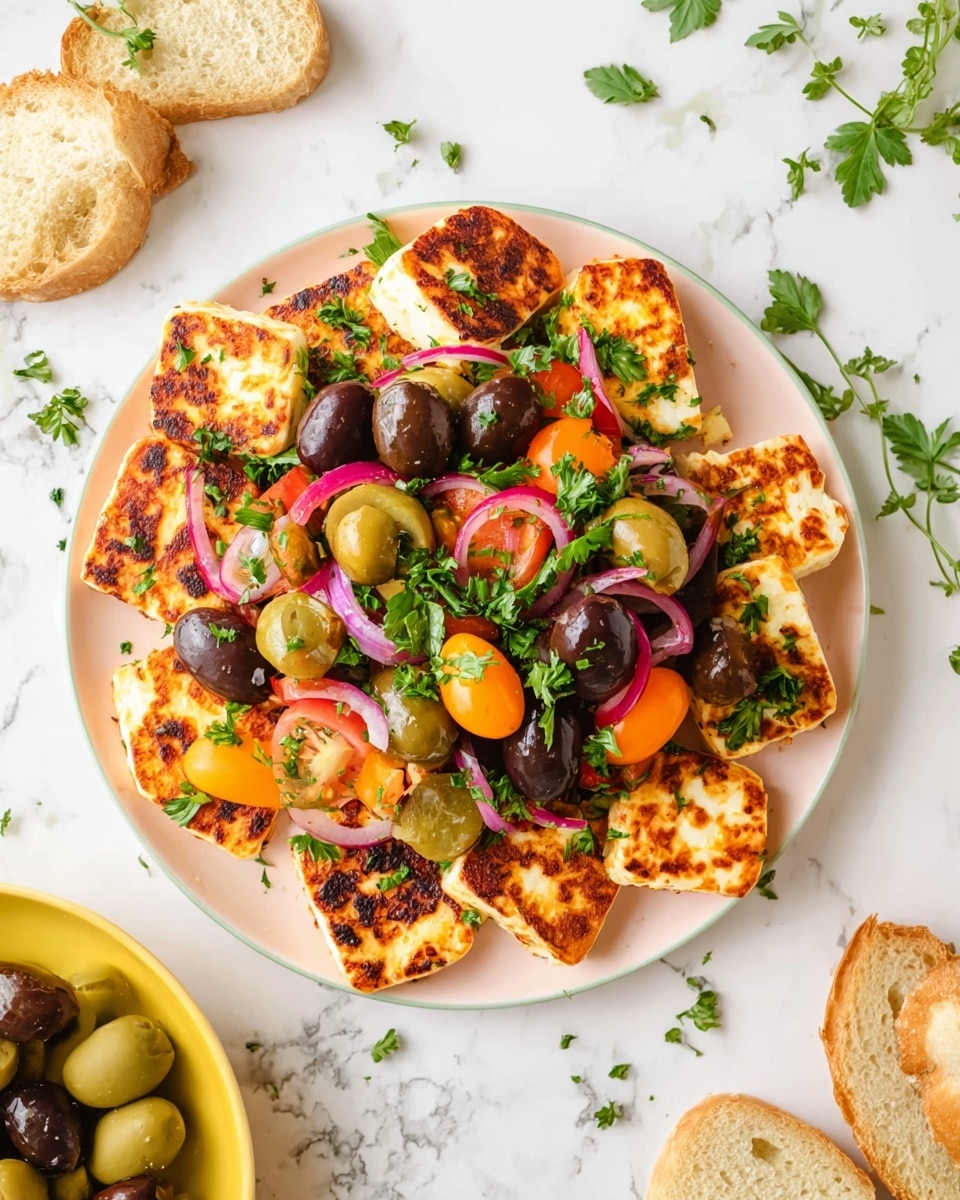 A white plate holds a dish with two main layers; the bottom layer is composed of golden-brown, grilled paneer slices arranged in a circular pattern around the plate’s edge. The top layer is a colorful mix of halved green and black olives, thin slices of red onion, yellow and orange cherry tomato halves, and fresh green parsley leaves, all placed in the center cluster over the paneer. The plate sits on a white marbled surface, with scattered green herbs and pieces of sliced bread nearby. Photo taken with an iphone --ar 4:5 --v 7